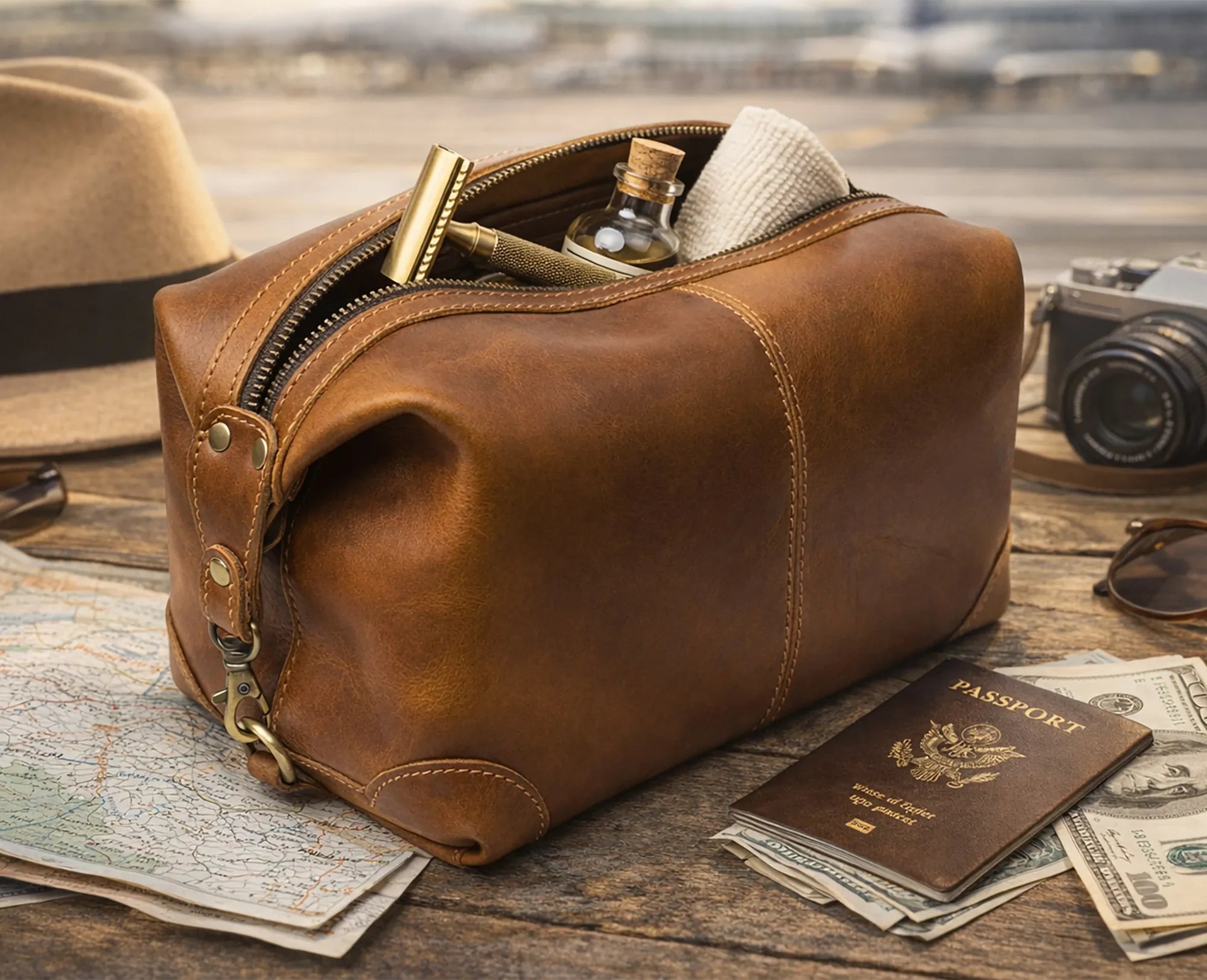 Full-Grain Leather Toiletry Bag - Premium Travel Dopp Kit for Men