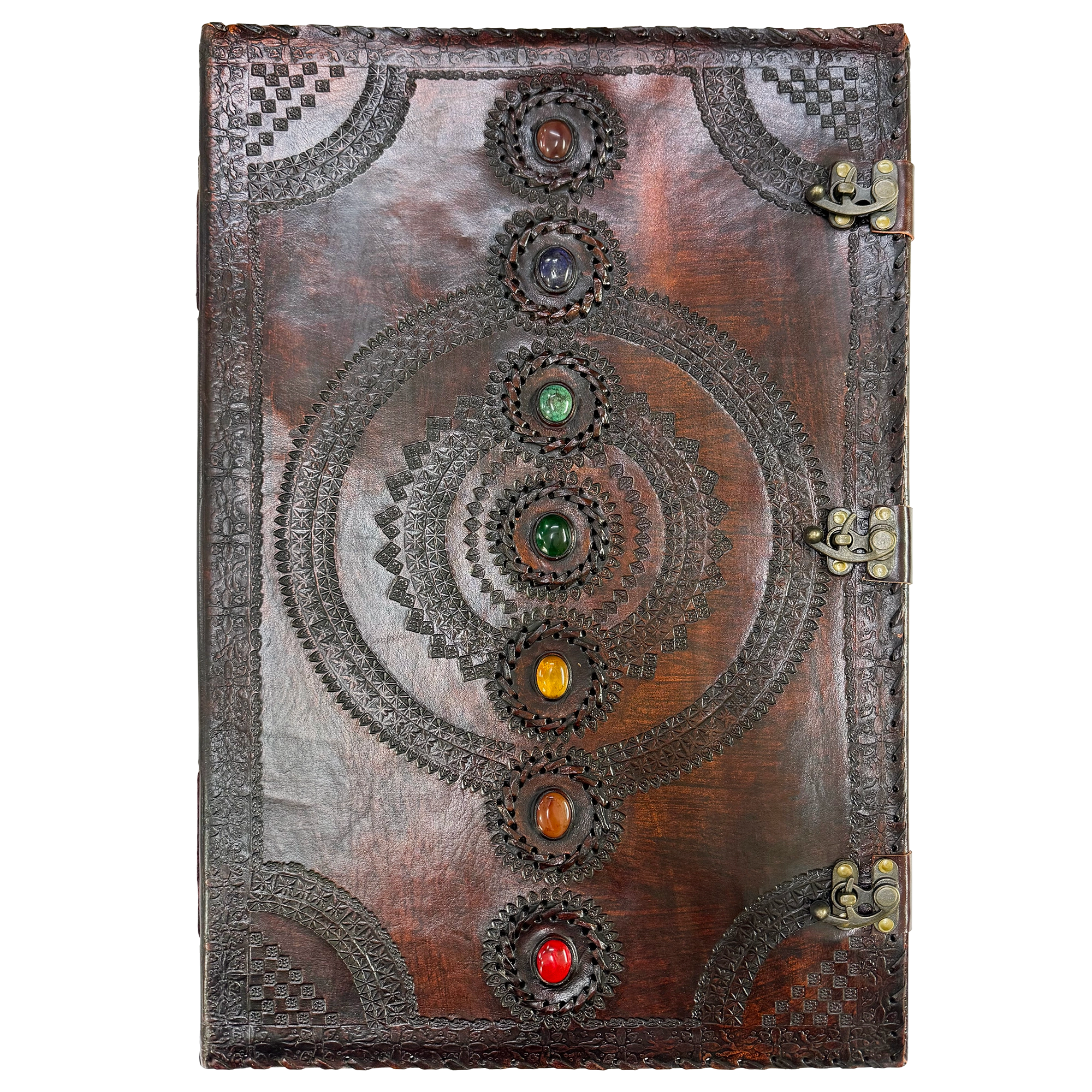 Handcrafted Extra Large Leather Journal - Seven Chakra Stone Book of Shadow Diary