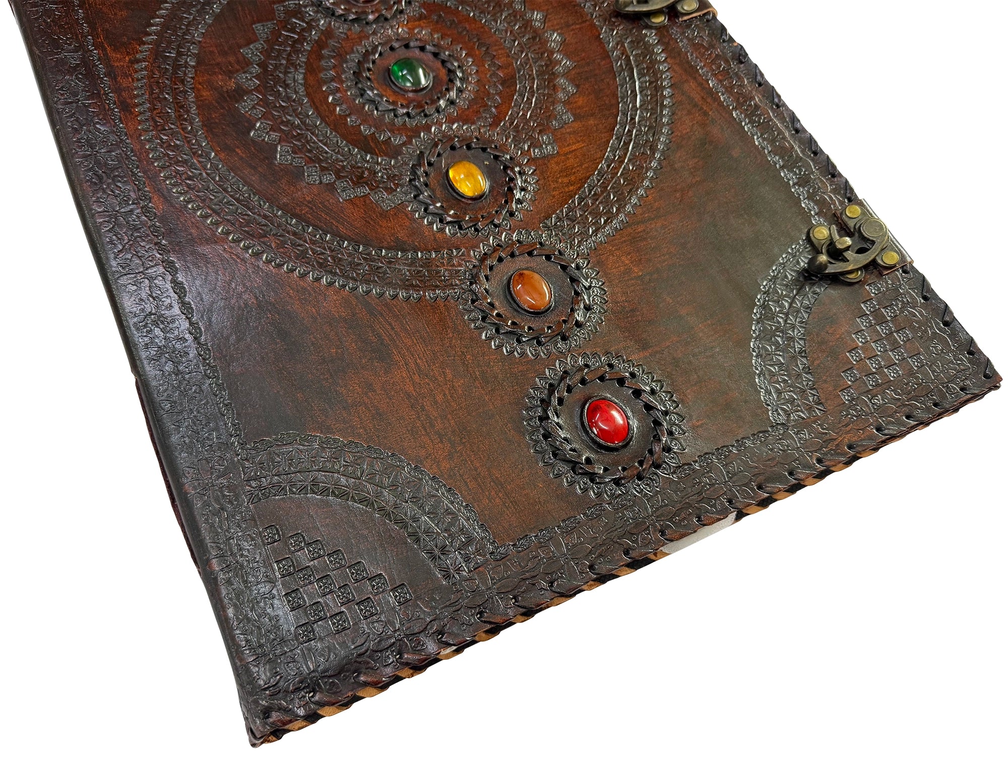 Handcrafted Extra Large Leather Journal - Seven Chakra Stone Book of Shadow Diary