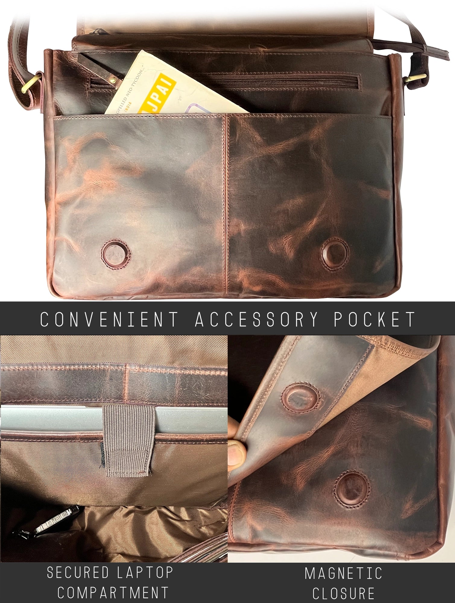 Leather Laptop Messenger Bag – Office Satchel Travel Crossbody for Men