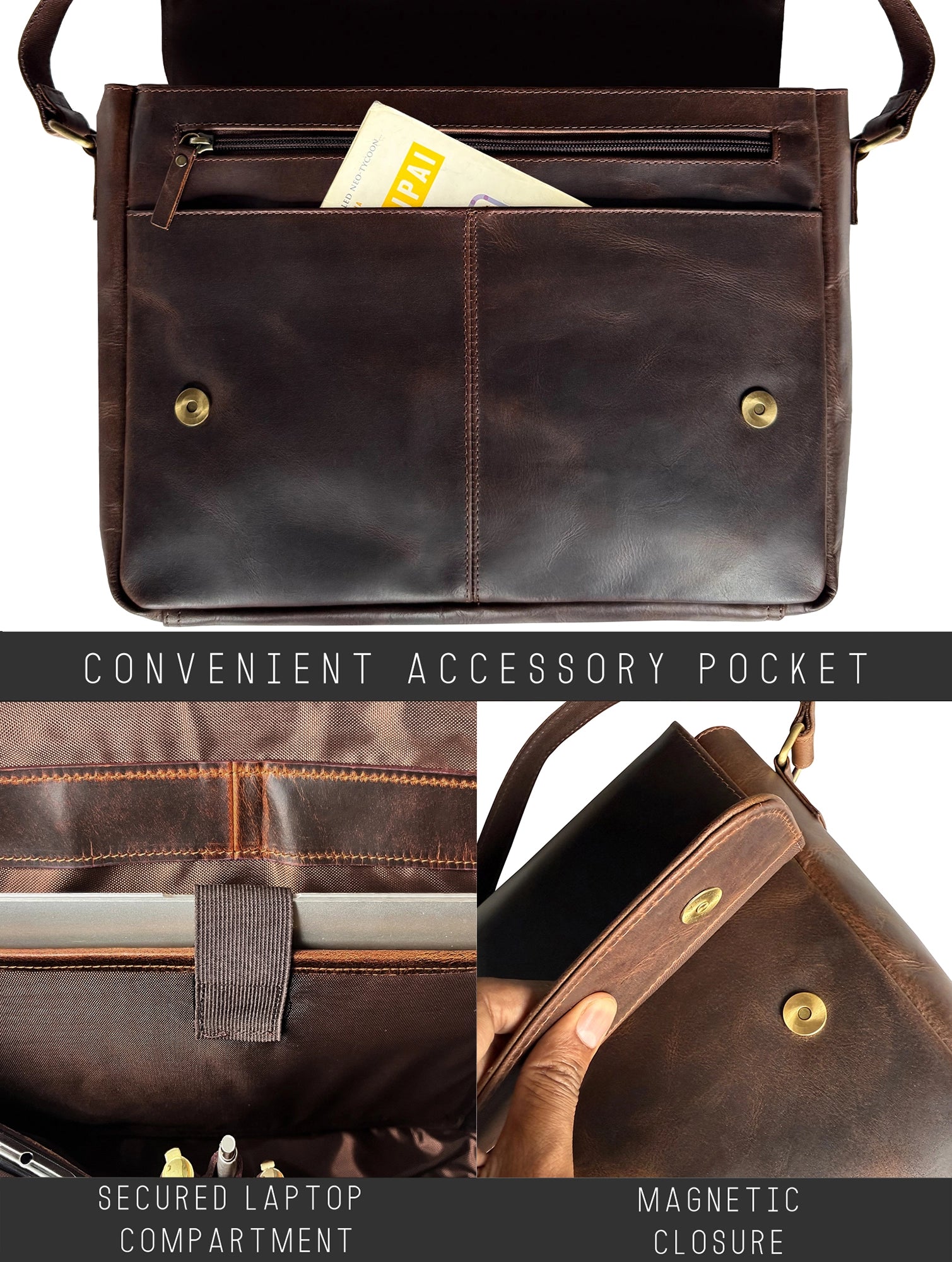 Leather Messenger Bag for Men - Travel Crossbody Laptop Satchel