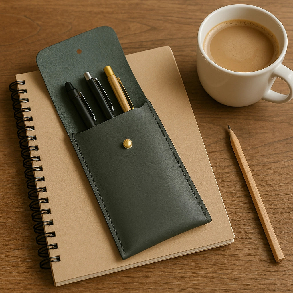 Leather Pen Case - Handmade Pen Protective Sleeve Cover (Black)
