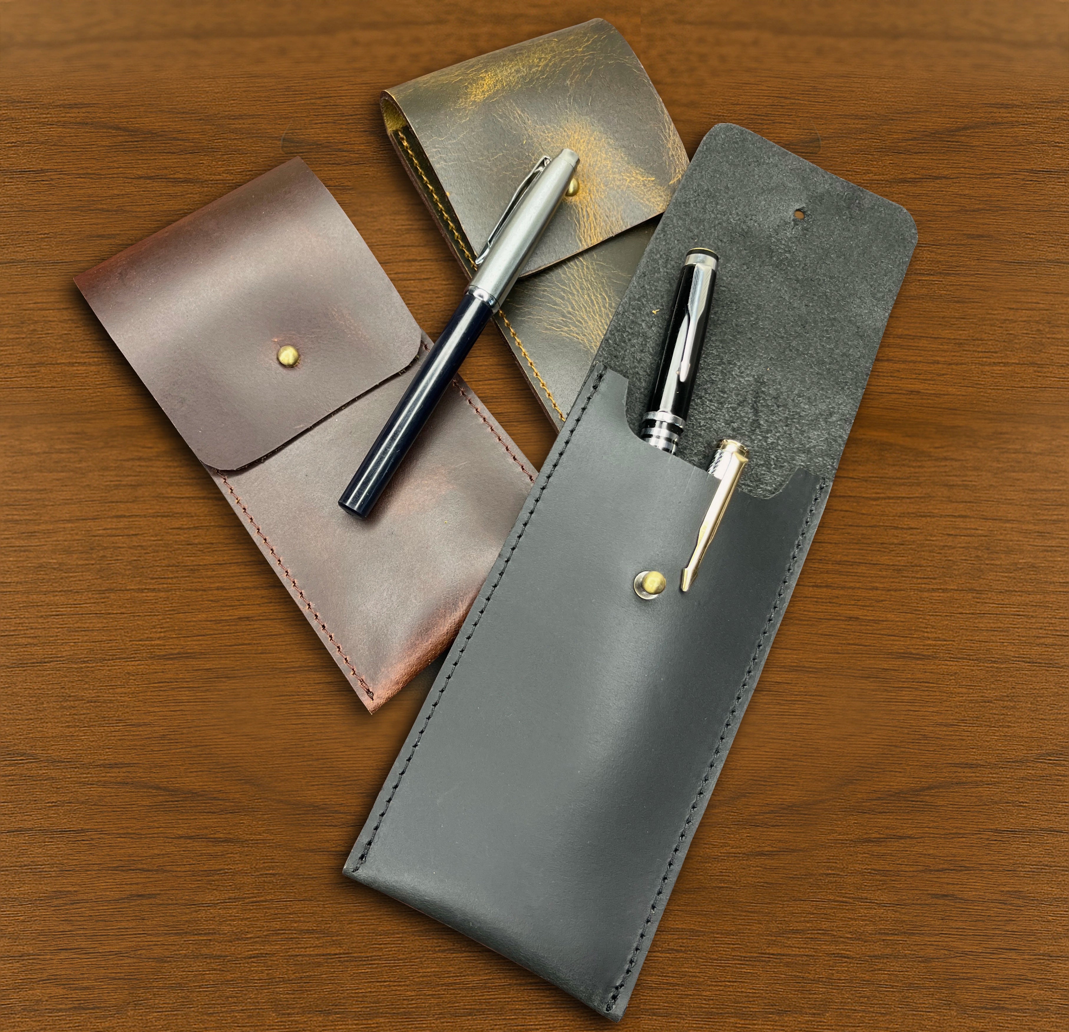 Leather Pen Case - Handmade Pen Protective Sleeve Cover (Black)