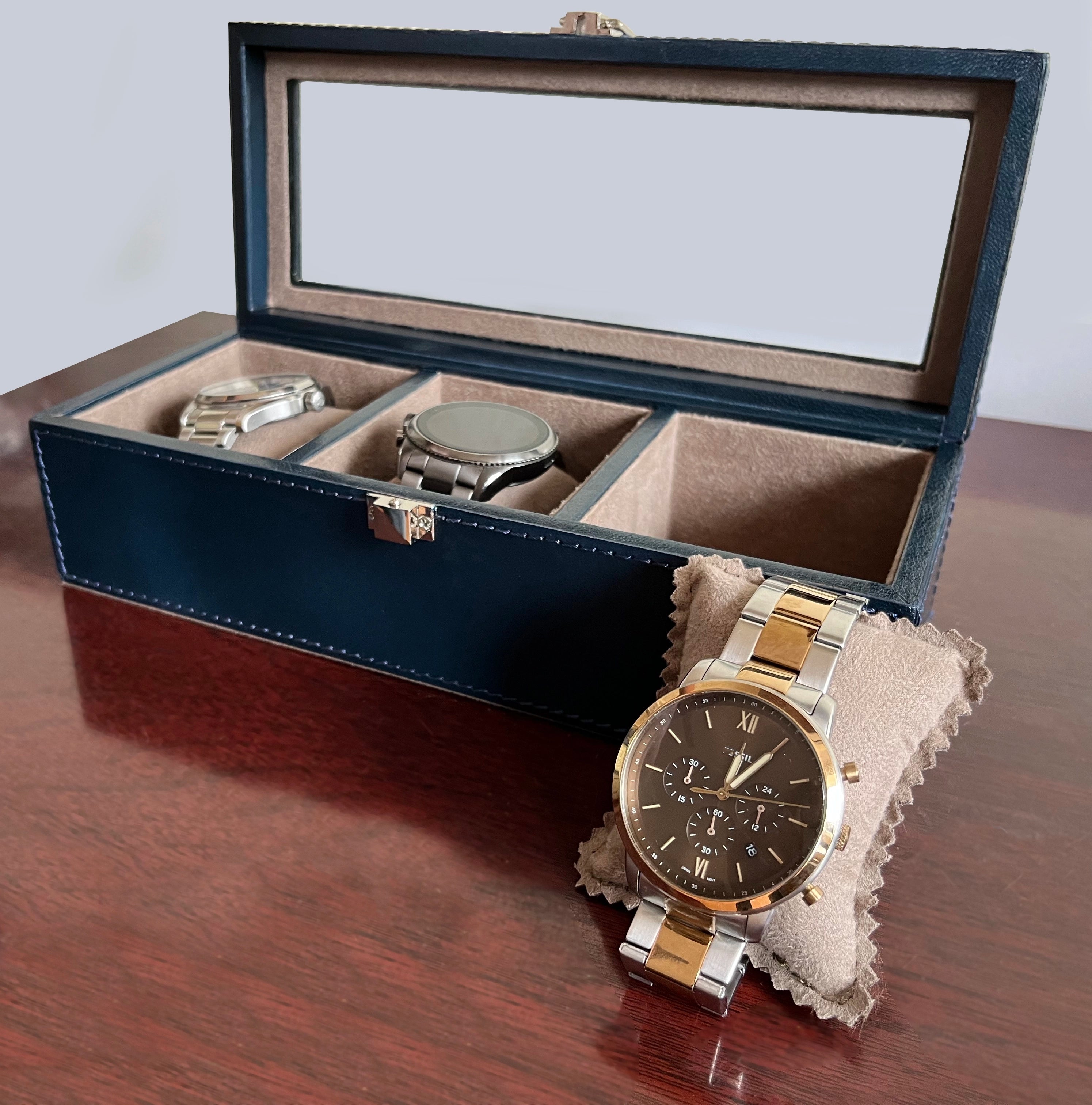 Elite Leather Watch Case - 3 Slots (Blue)