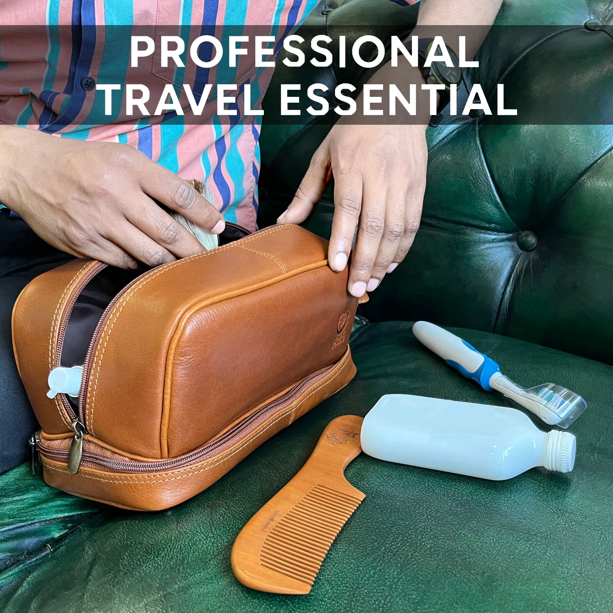 Nancy Leather Travel Makeup Toiletry Bag (Cognac)