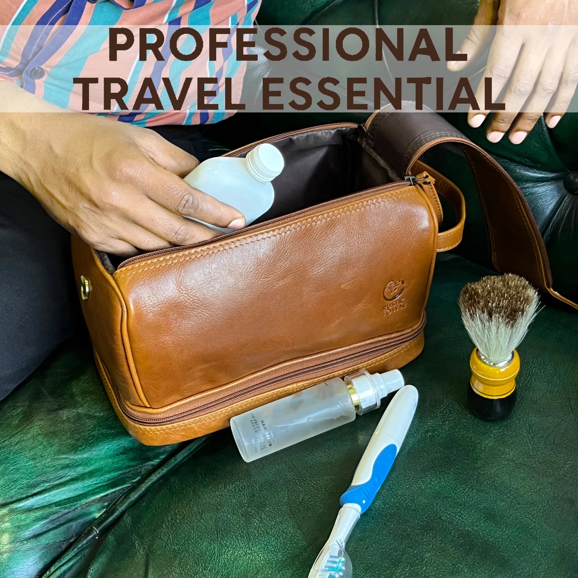 Sam's Stylish Leather Toiletry Bag Travel Dopp Kit (Cognac)