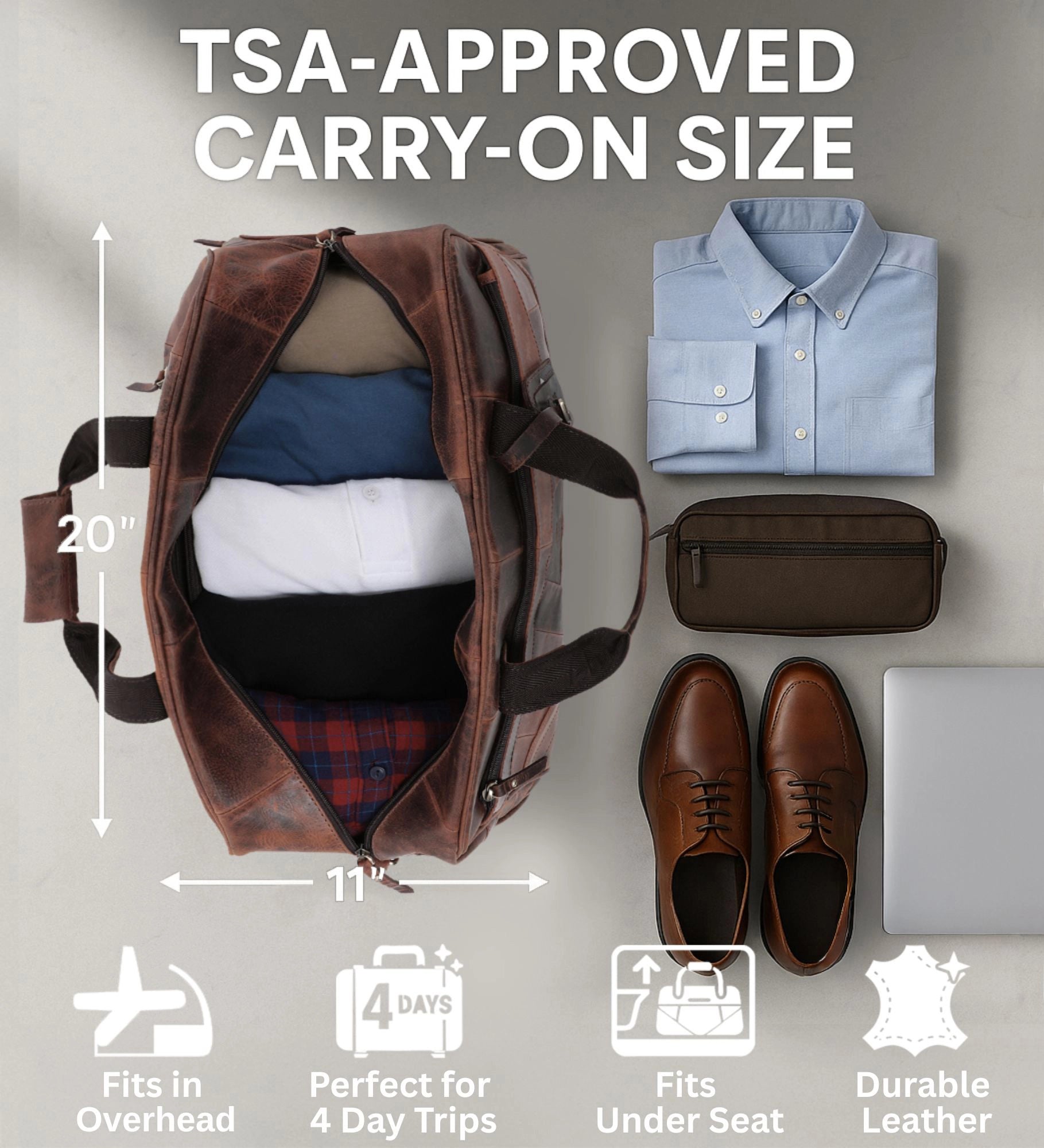 John Leather Travel Duffle Bag with Shoe Pocket, Walnut Brown