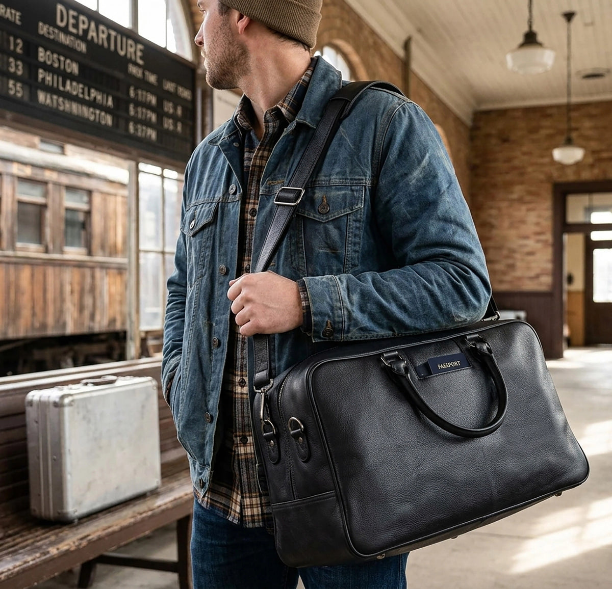 Leather Duffle Bag for Men : Dual Compartment Travel Weekender Bag