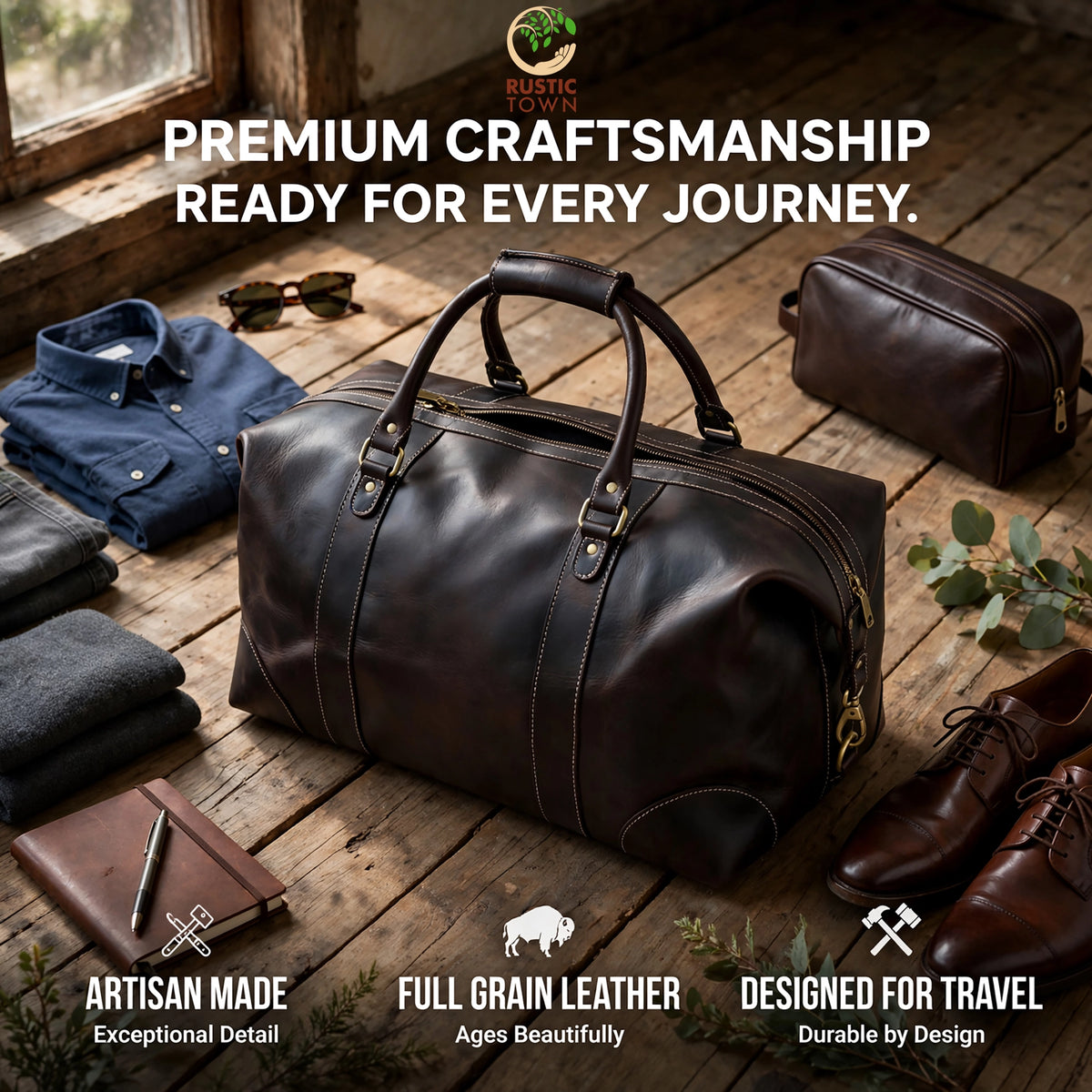 Leather Duffle Bag for Men - Full-Grain Travel Weekender Carry-on