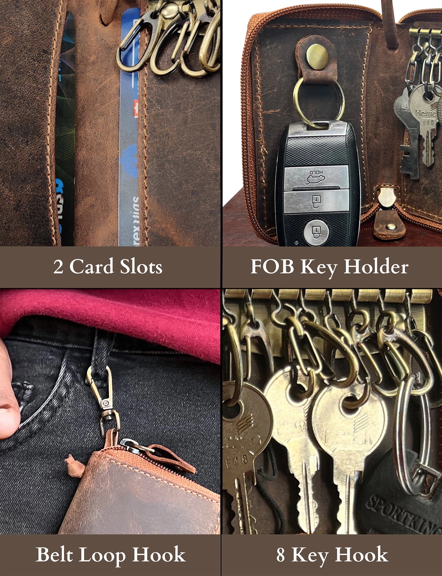 Leather Key Holder Case Zippered Key Organizer Wallet with Belt Hook