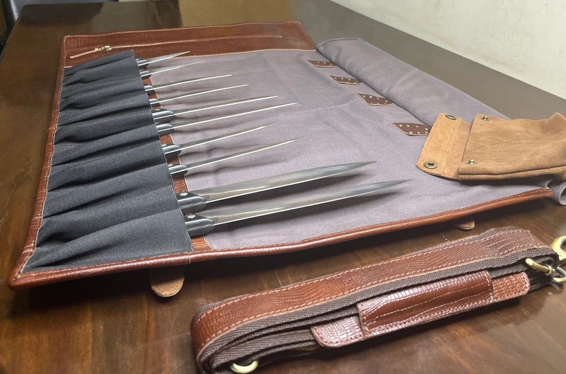 Leather Canvas Knife Roll Storage Bag (Chocolate Grey)