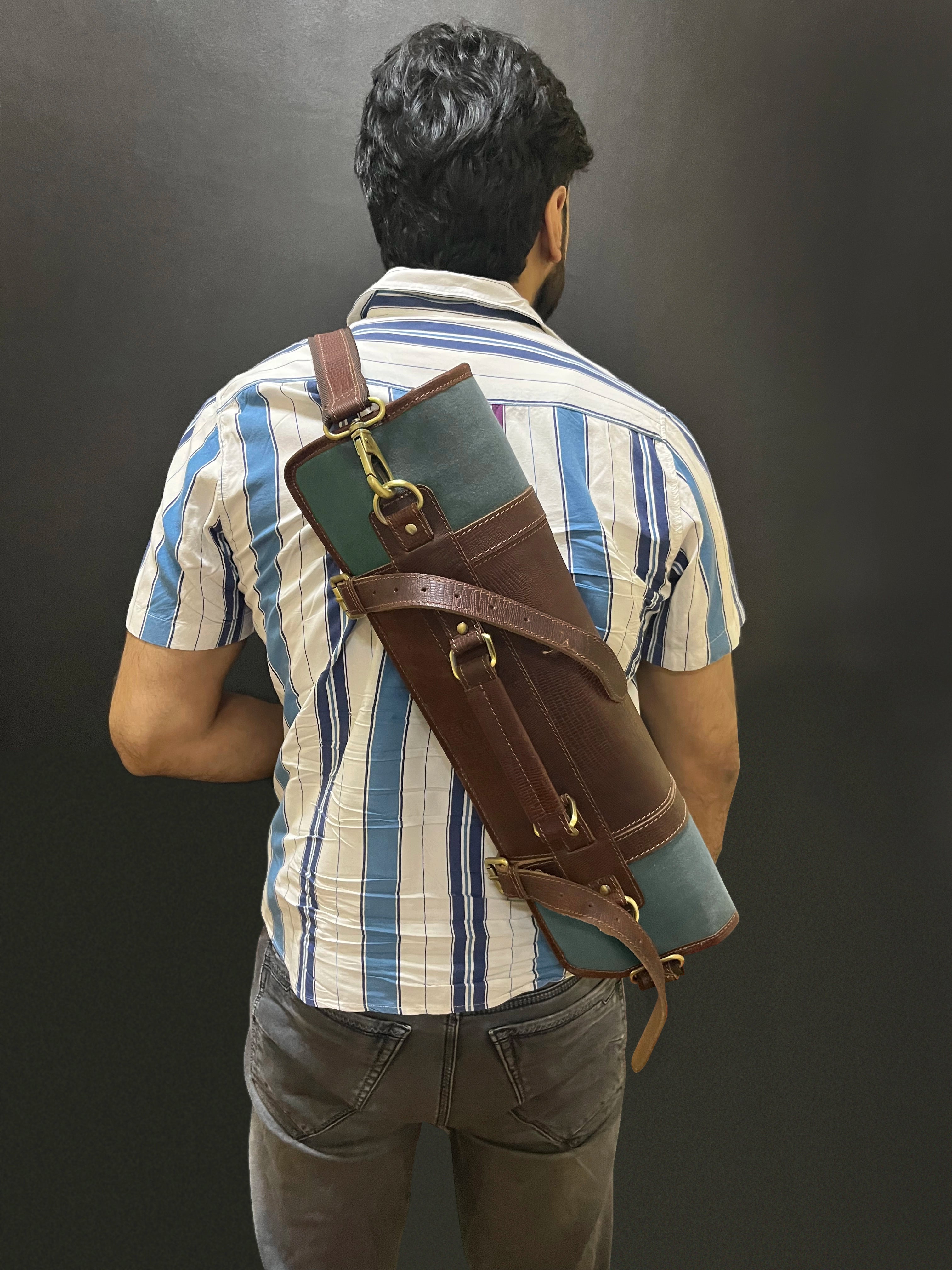 Leather Canvas Knife Roll Storage Bag (Chocolate Grey)