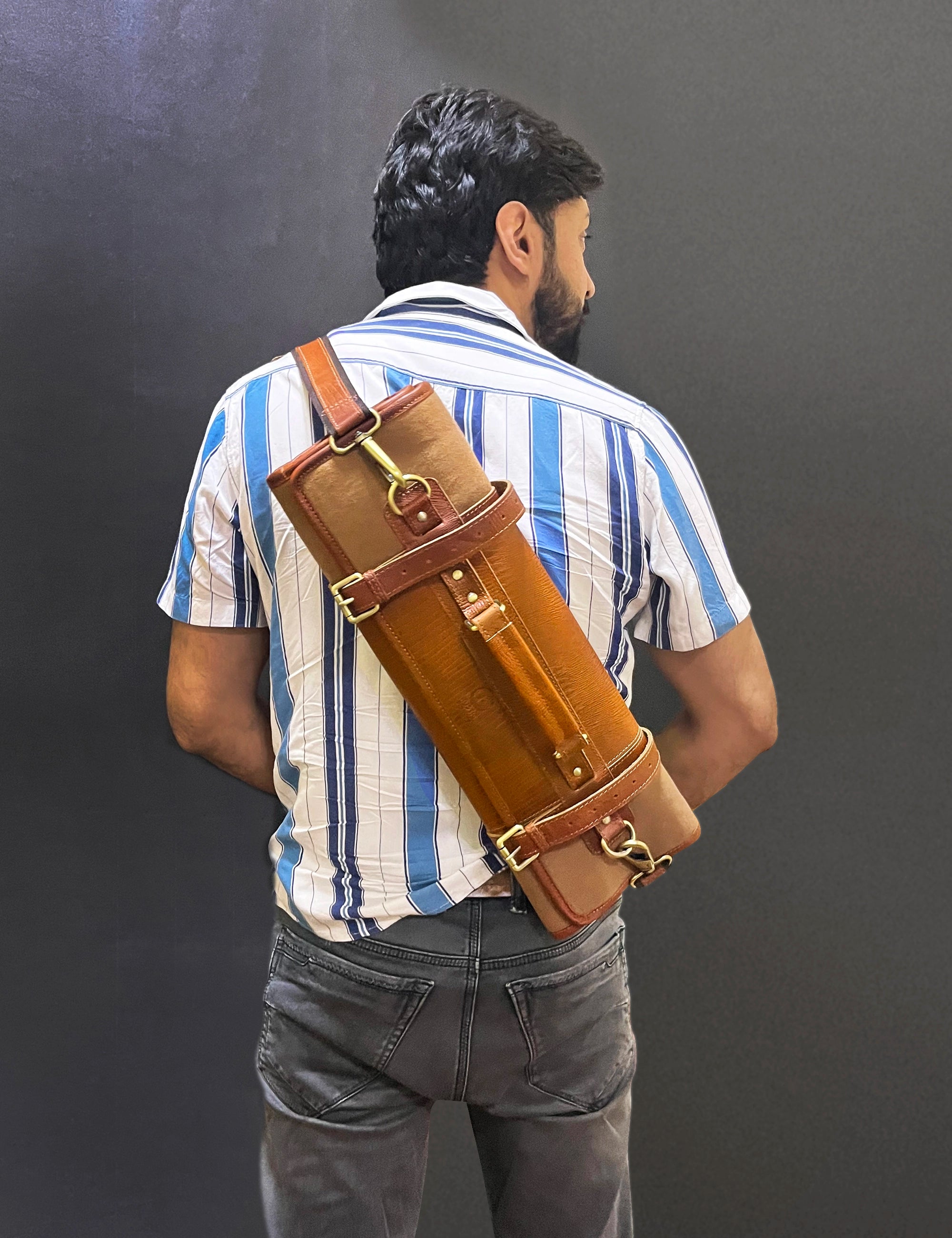 Leather Canvas Knife Roll Storage Bag (Brown Rust)