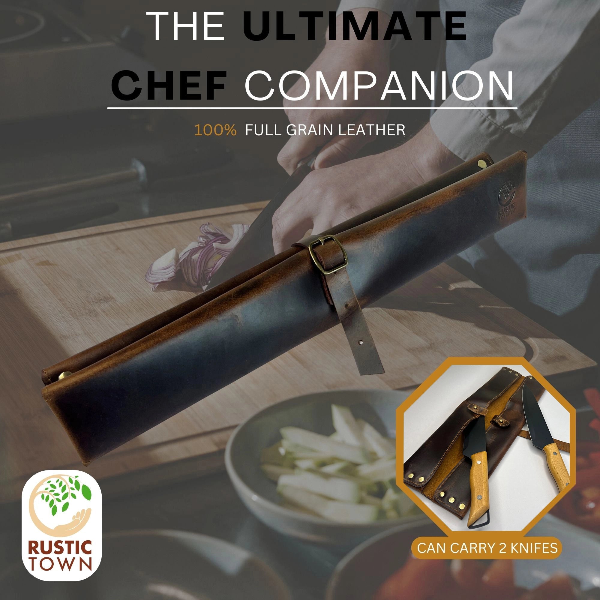Leather Chef's Knife Case Holder - 2 Knife Slots (Brown)