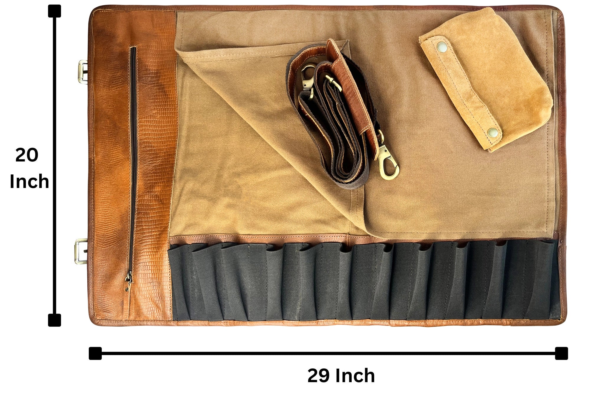 Leather Canvas Knife Roll Storage Bag (Brown Rust)