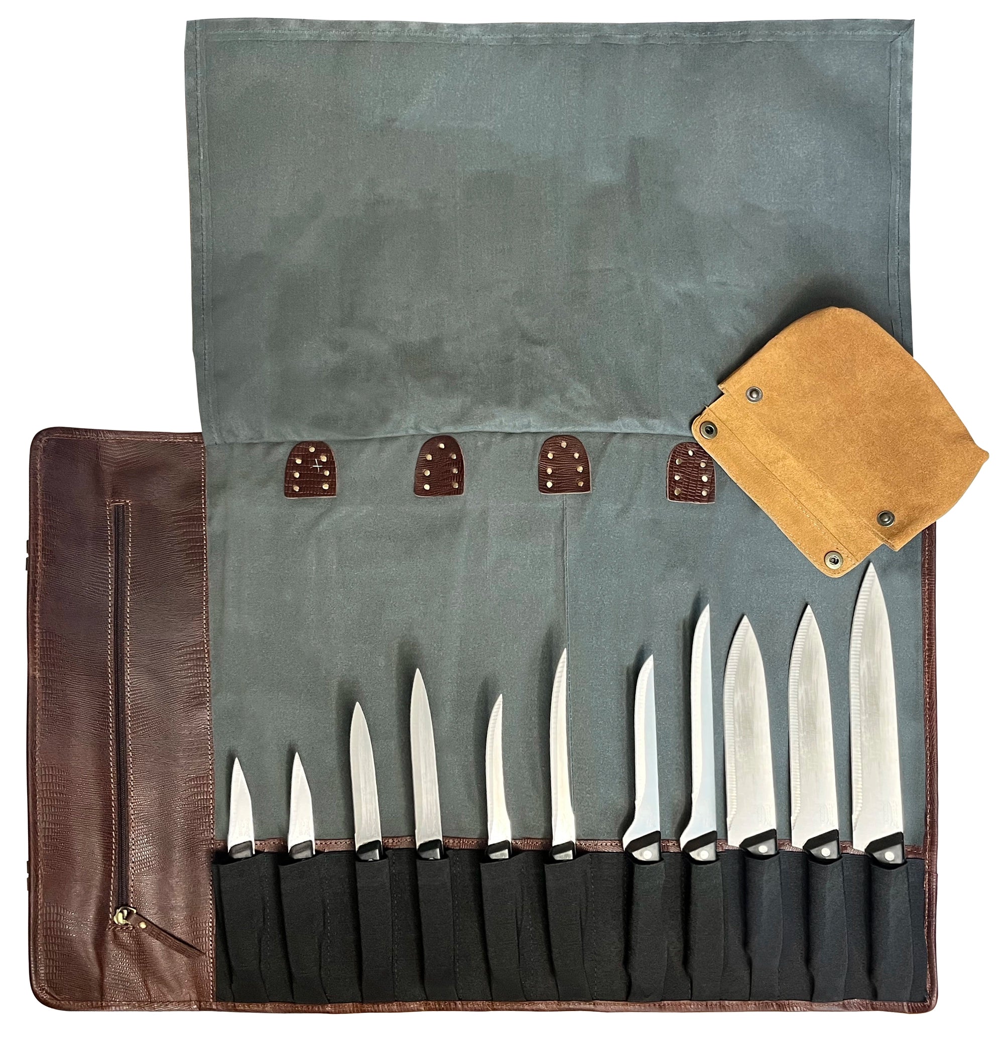 Leather Canvas Knife Roll Storage Bag (Chocolate Grey)