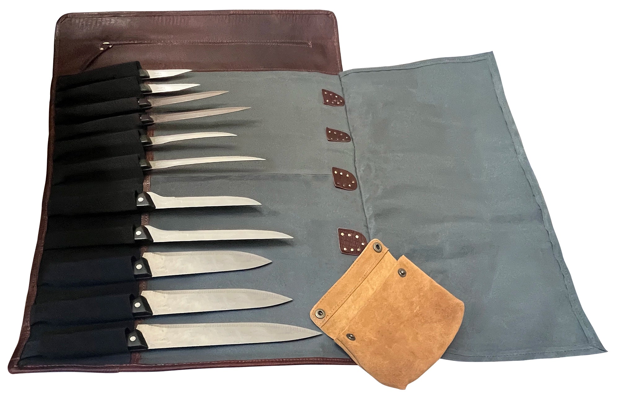 Leather Canvas Knife Roll Storage Bag (Chocolate Grey)