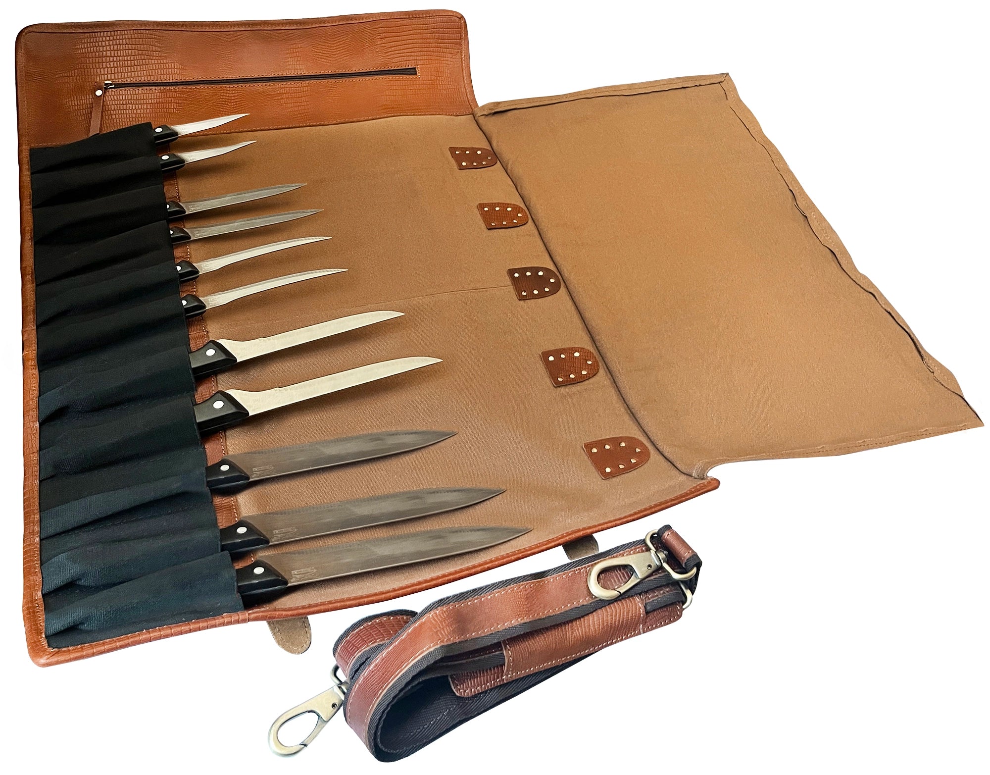 Leather Canvas Knife Roll Storage Bag (Brown Rust)