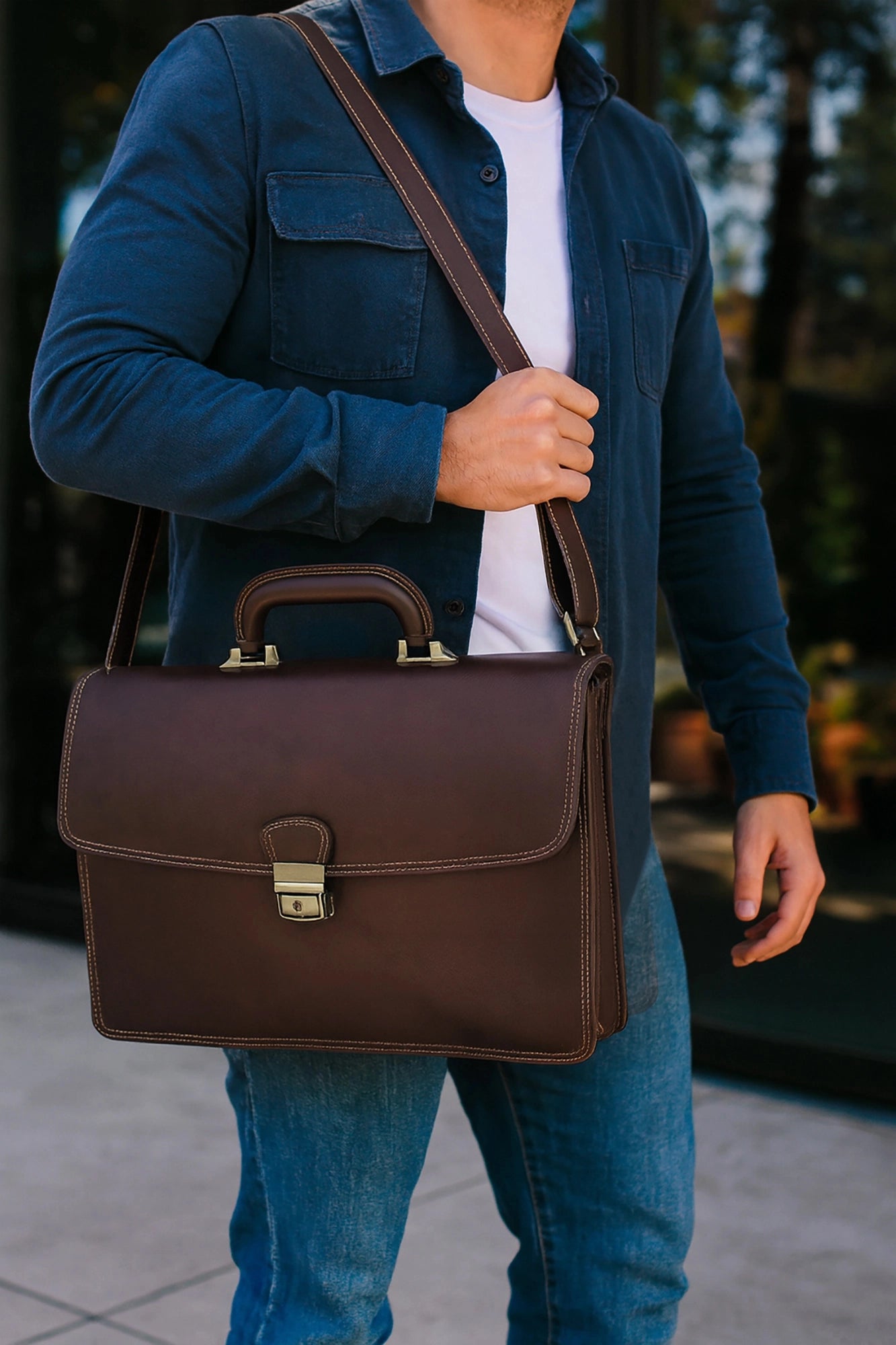 Leather Briefcase for Men - Slim Professional Laptop Messenger Bag