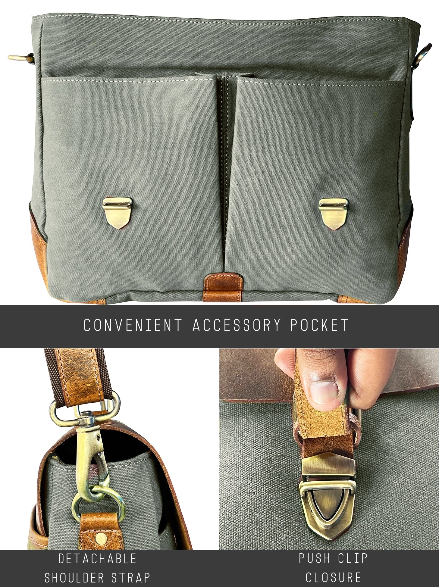 Rover Leather Canvas Messenger Bag Briefcase Laptop Bag (Dark Grey)