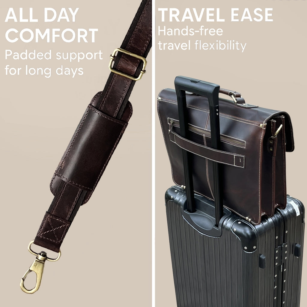 Wayne Premium 16" Leather Satchel Office Laptop Bag (Walnut Brown)