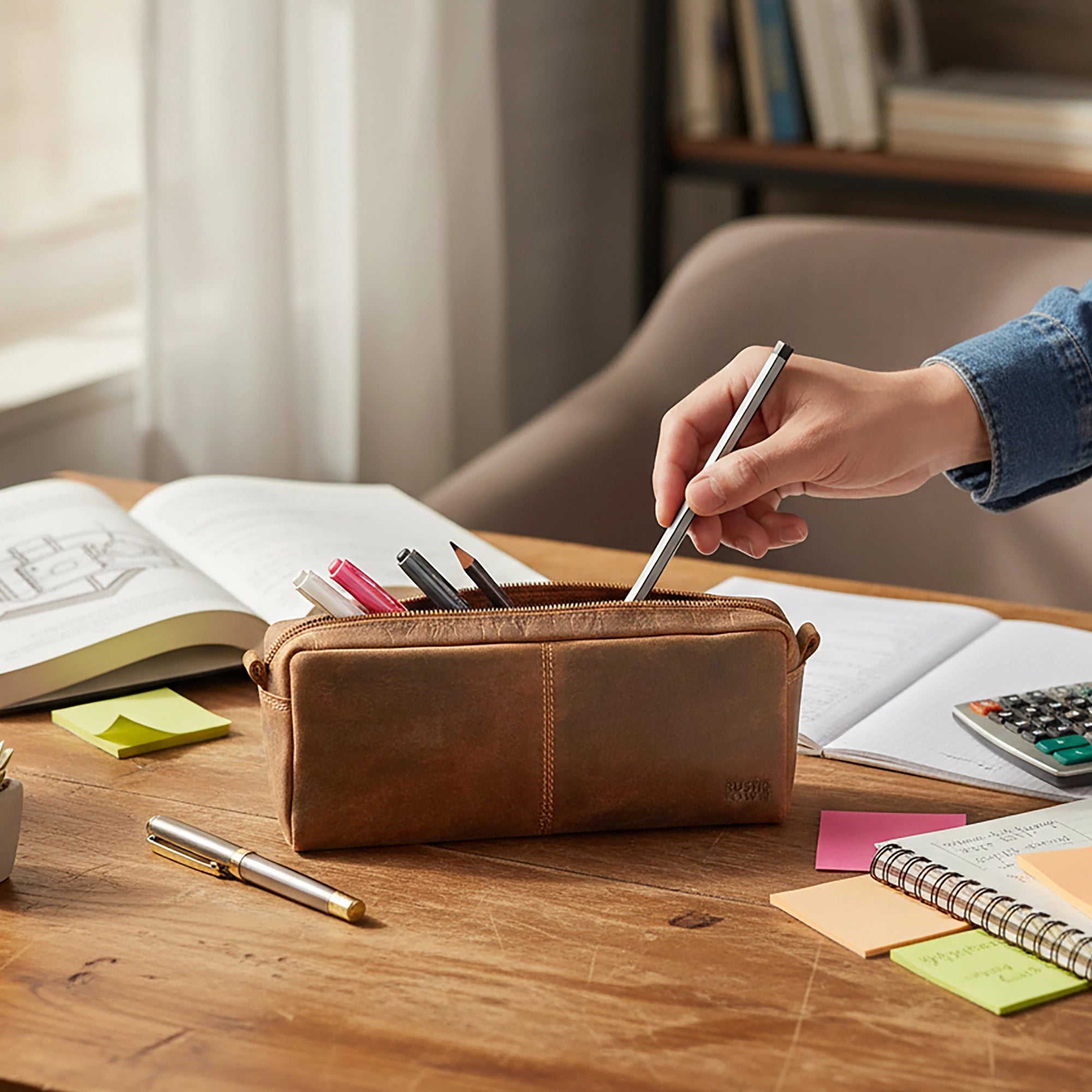 Leo Full Grain Leather Pencil Case – Handcrafted Pen Pouch Zipper Pencil Organizer