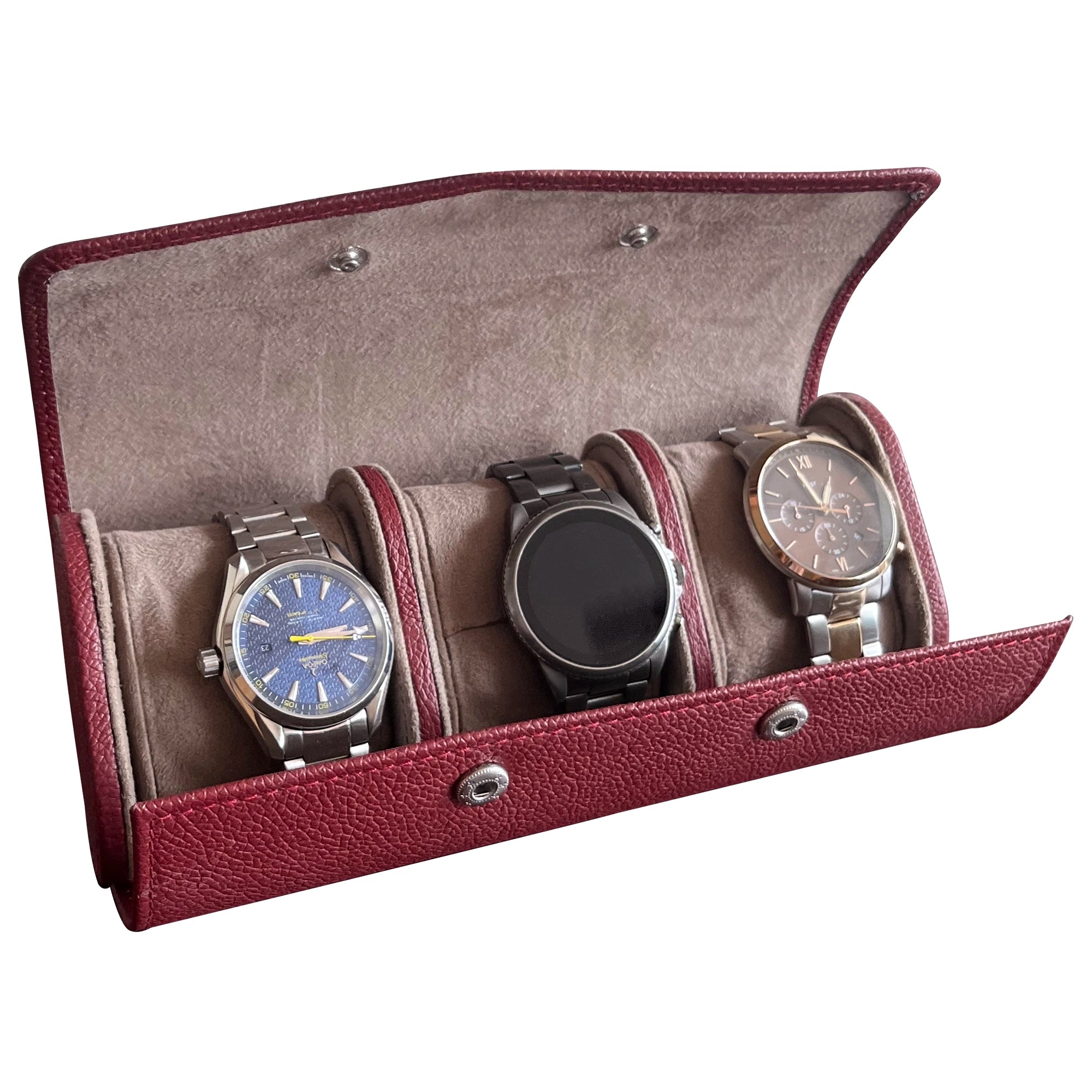 Classic Leather Travel Watch Case - 3 Slots (Red)