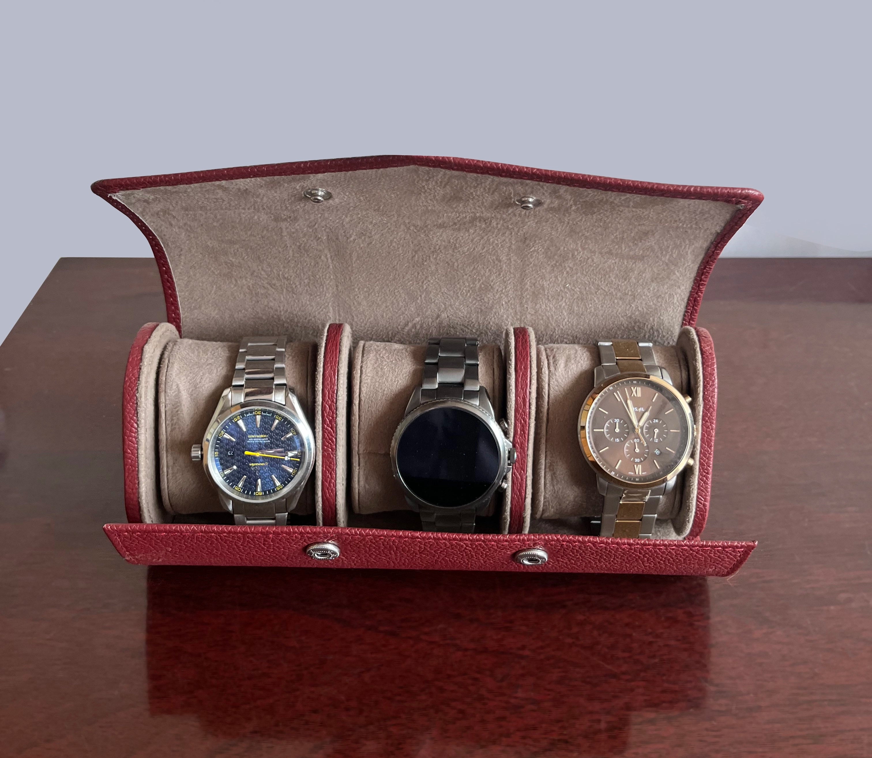 Classic Leather Travel Watch Case - 3 Slots (Red)