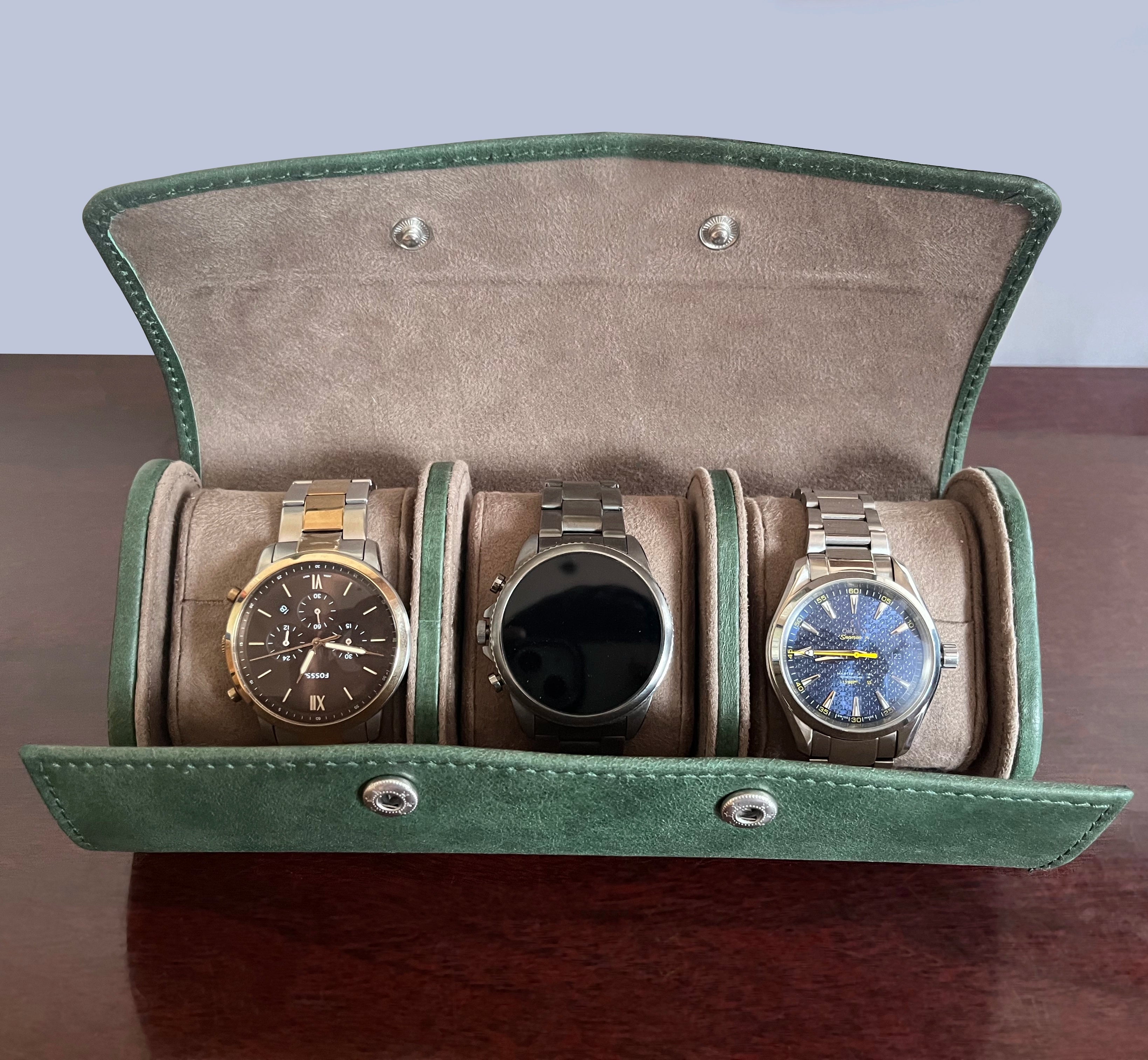 Classic Leather Travel Watch Case - 3 Slots (Green)