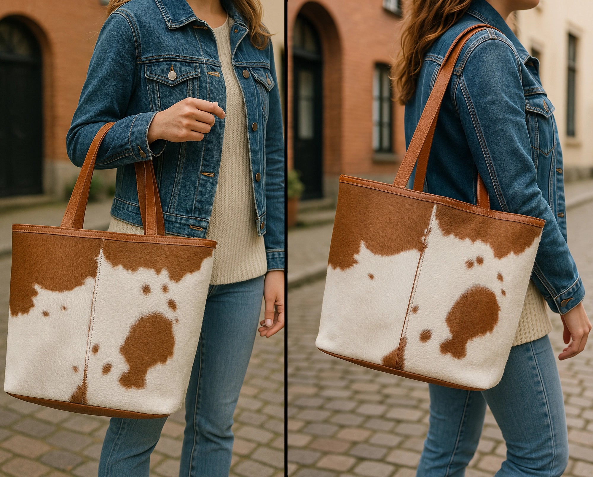 Leather Tote Bag for Women - Hair On Shoulder Satchel Handbag