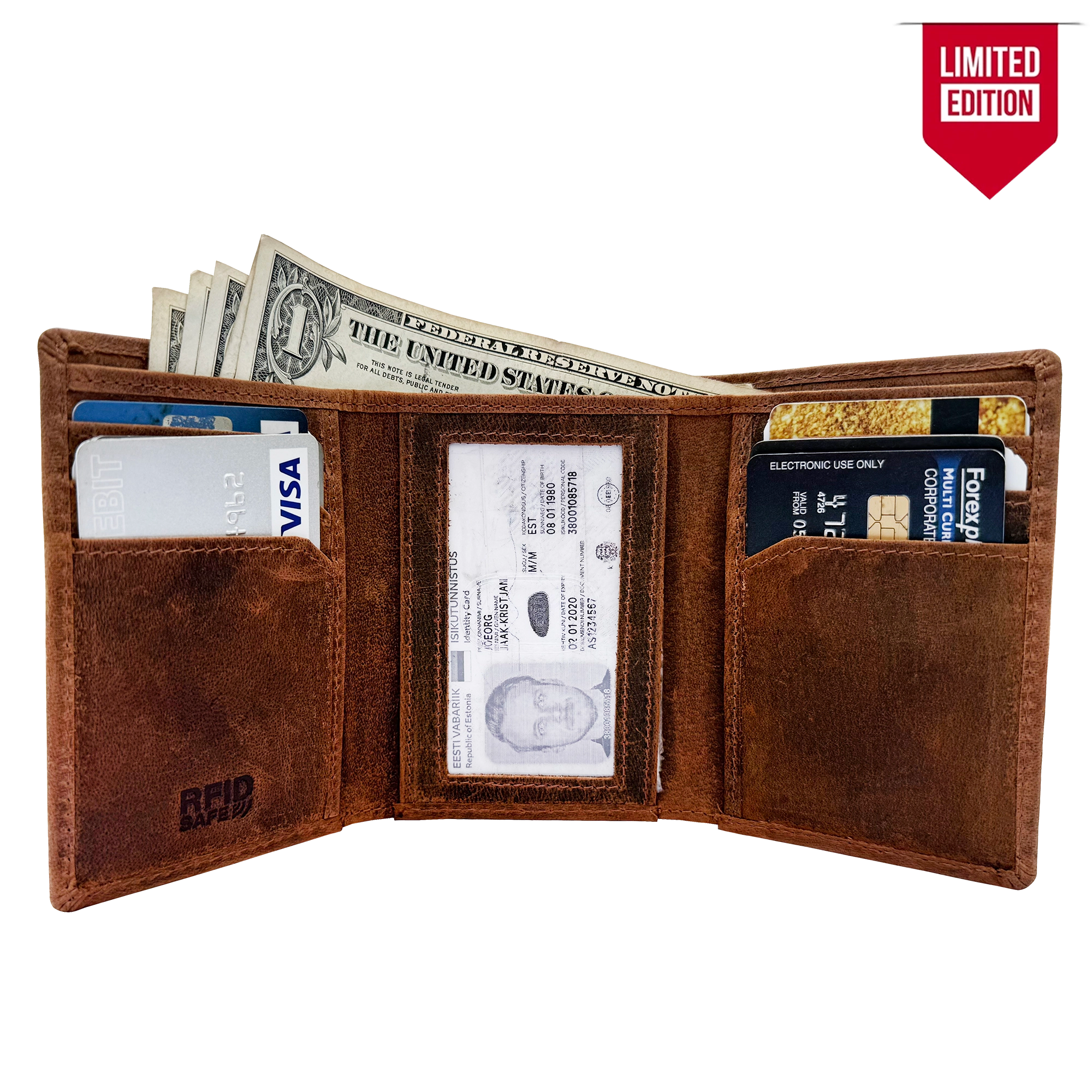 Leather Trifold Wallet for Men - Full Grain RFID Blocking with Card Slots