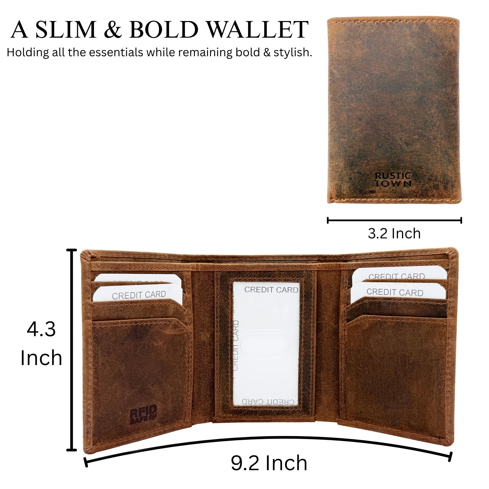 Leather Trifold Wallet for Men - Full Grain RFID Blocking with Card Slots