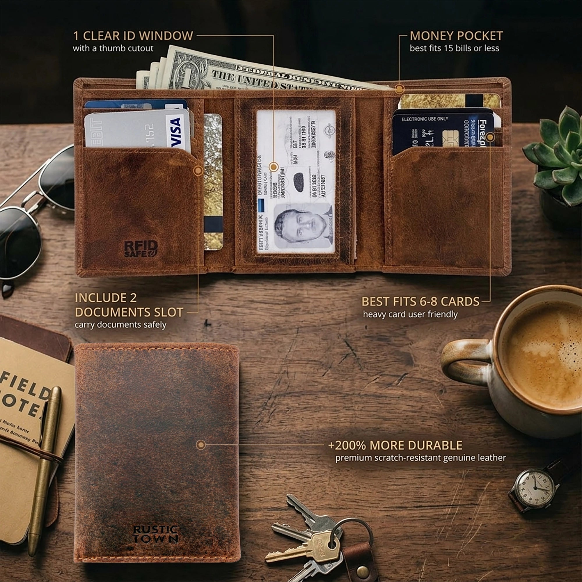 Leather Trifold Wallet for Men - Full Grain RFID Blocking with Card Slots