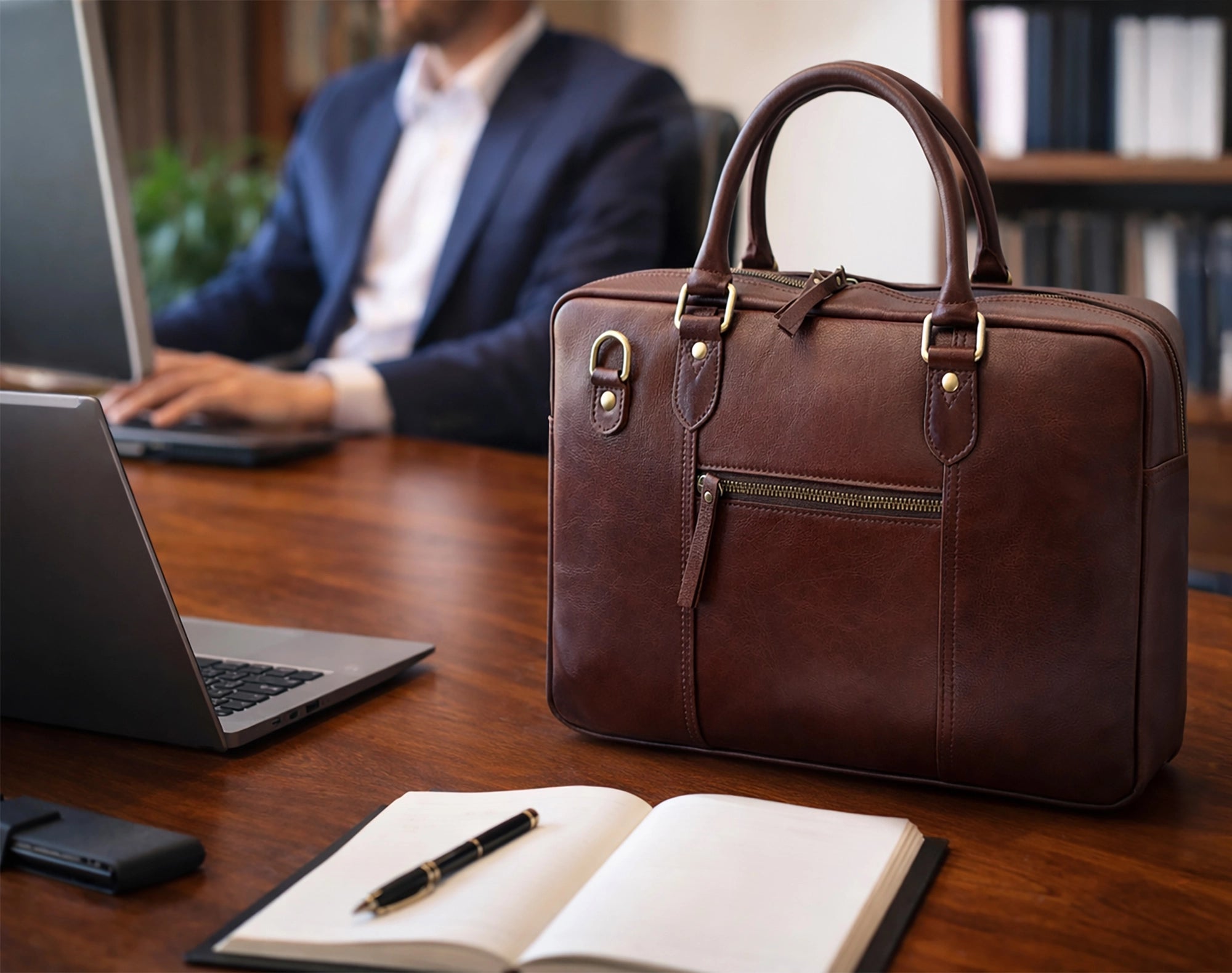 Full-Grain Leather Satchel Briefcase | Slim Laptop Work Bag