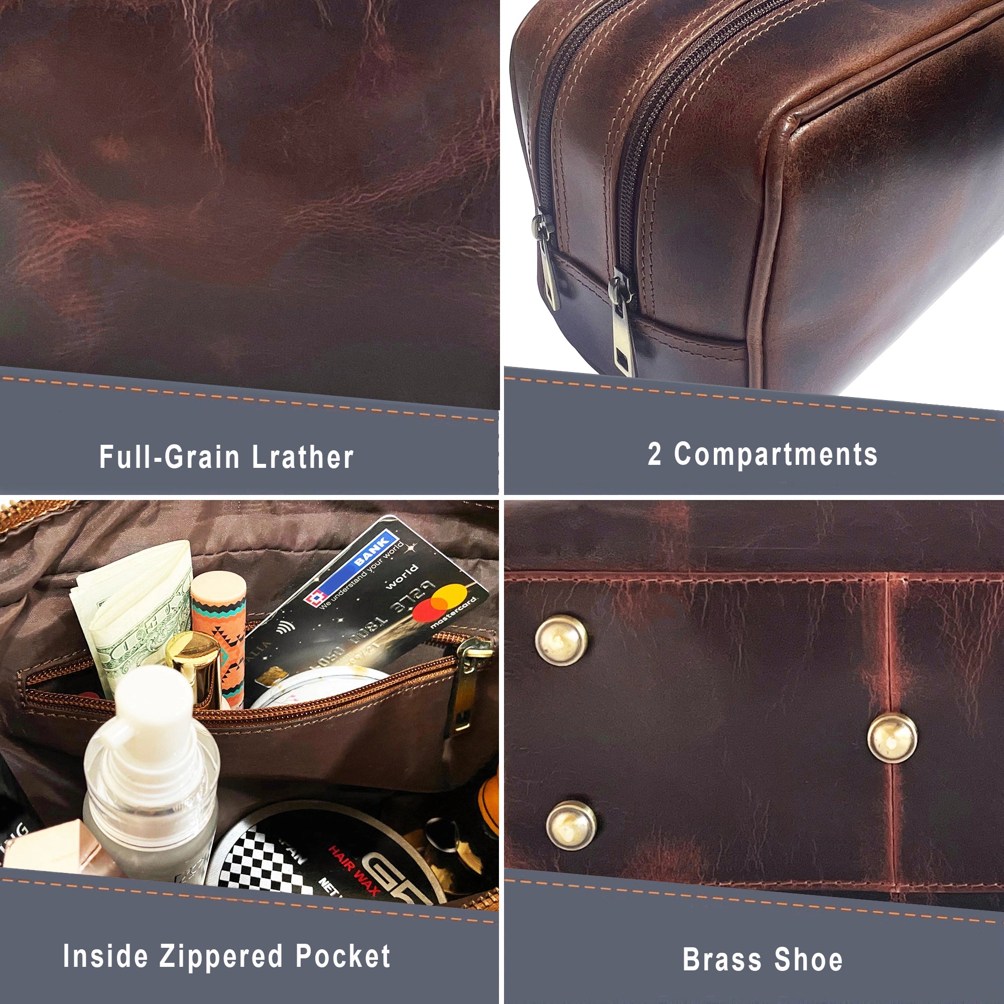 Johnny Leather Travel Dopp Kit for Men (Walnut Brown)