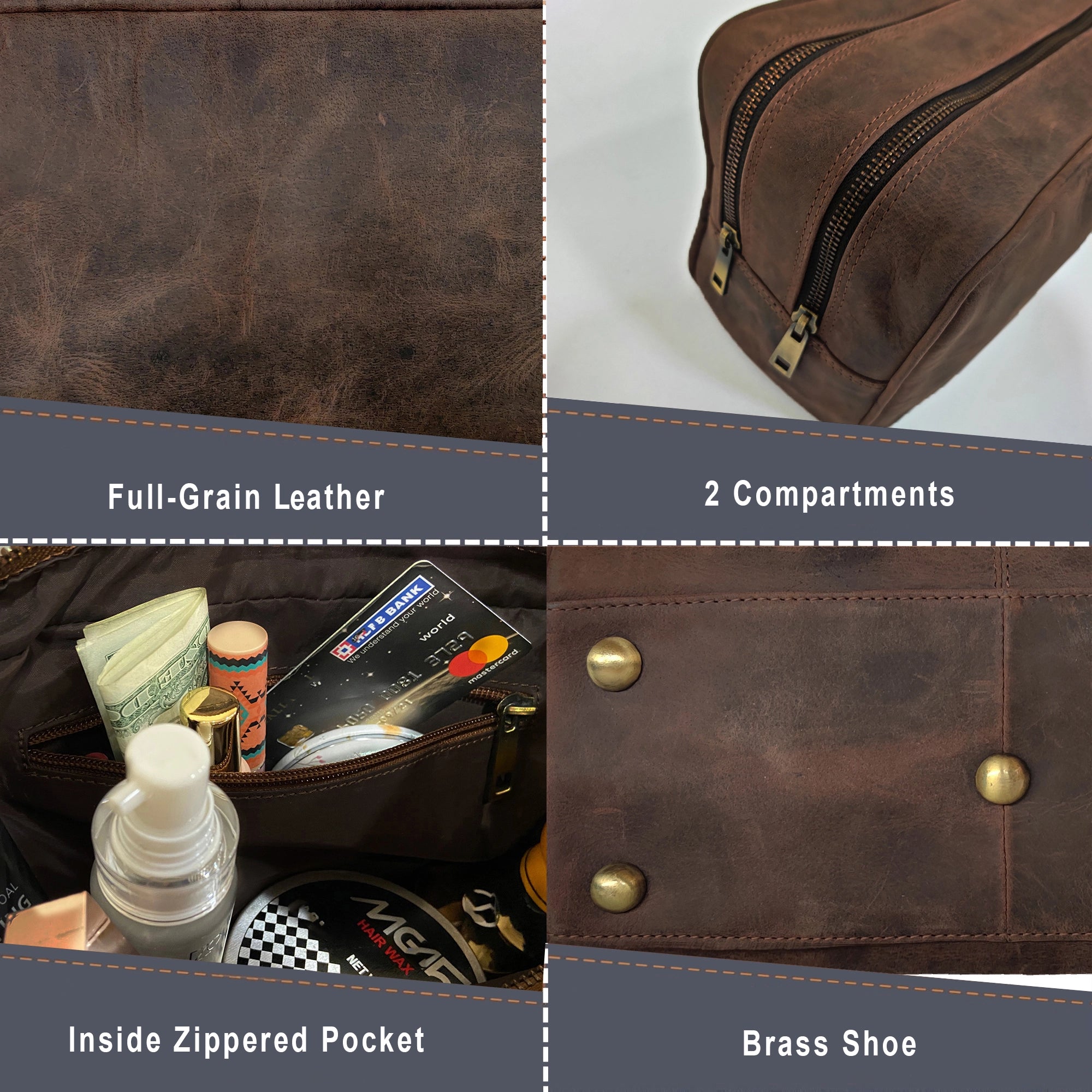 Johnny Men's Leather Travel Dopp Kit (Dark Brown) - Mike