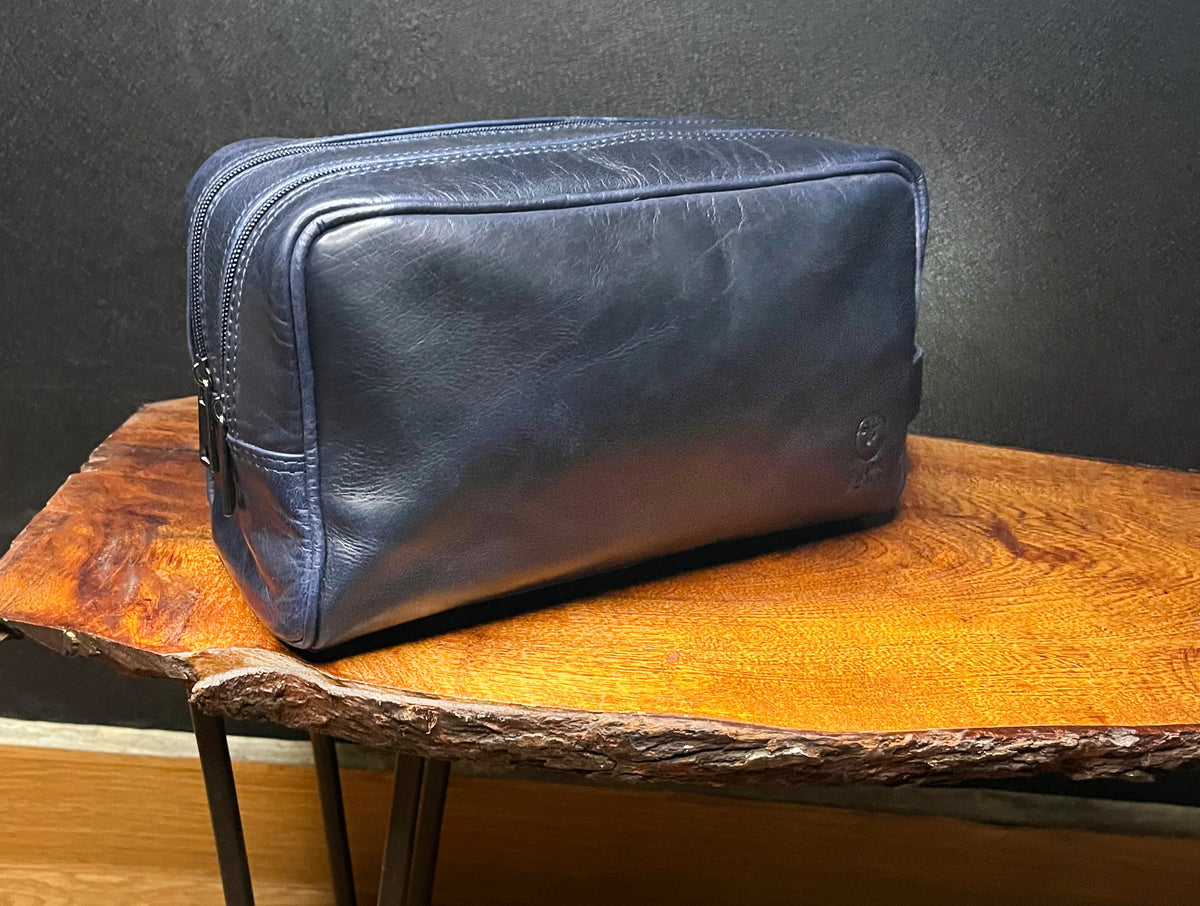 Men's Leather Small Double Zip Toiletry Bag - Water-Resistant Lined Dopp Kit, 2 Zipped Compartments - Black Onyx - Personalized Gifts, Leatherology