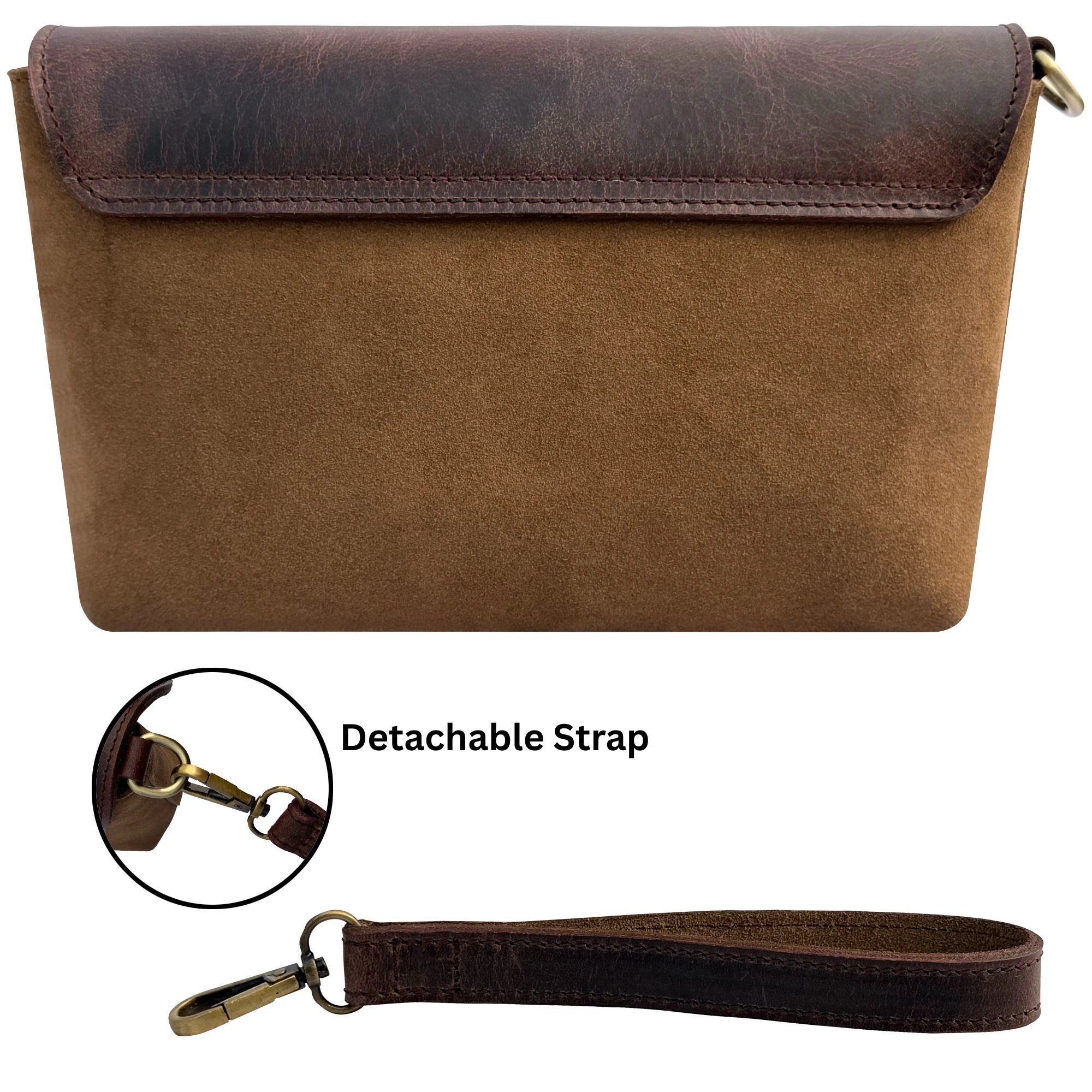 Full-Grain Leather & Suede Wristlet Travel Clutch Purse for Women