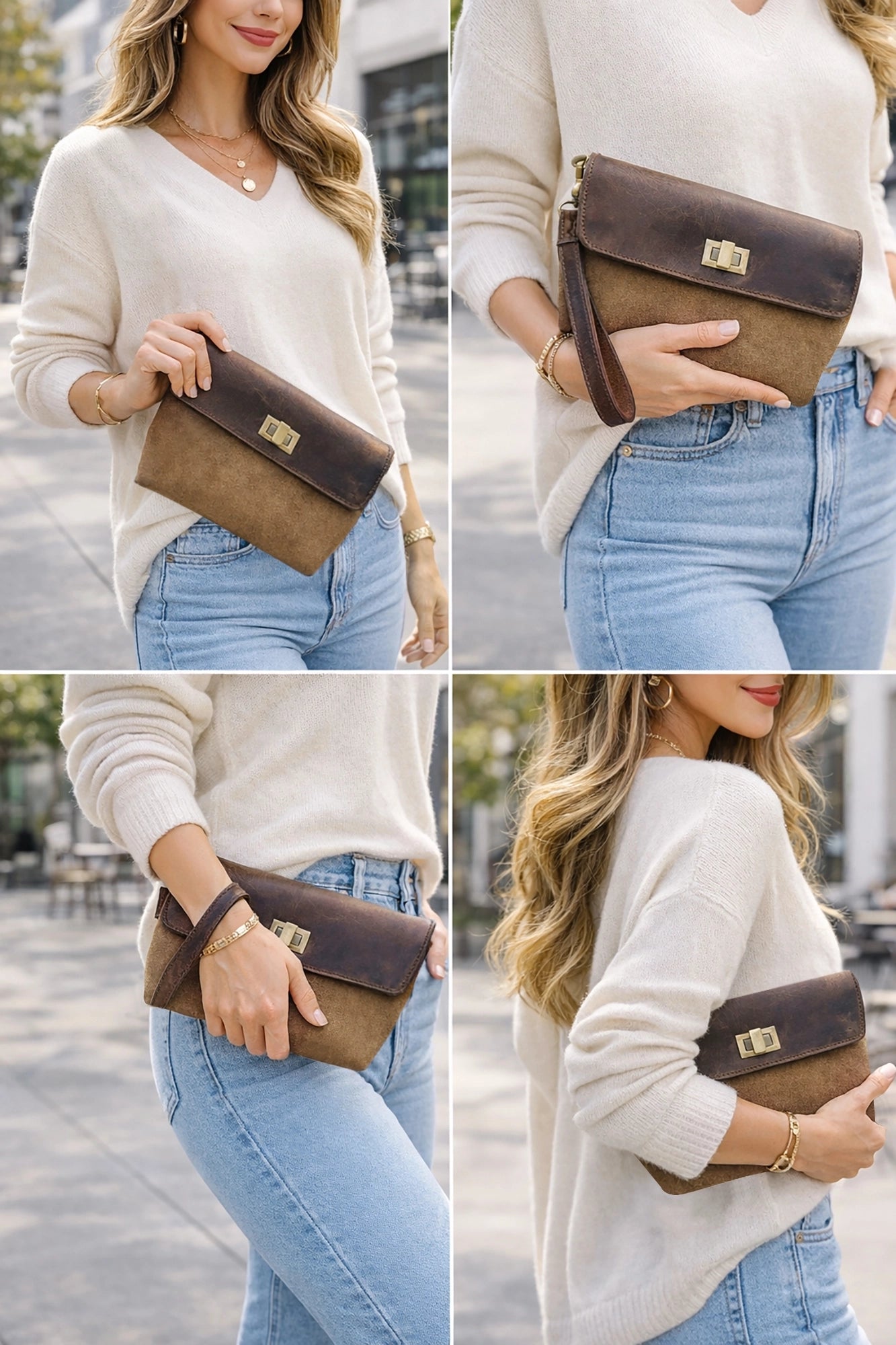 Full-Grain Leather & Suede Wristlet Travel Clutch Purse for Women