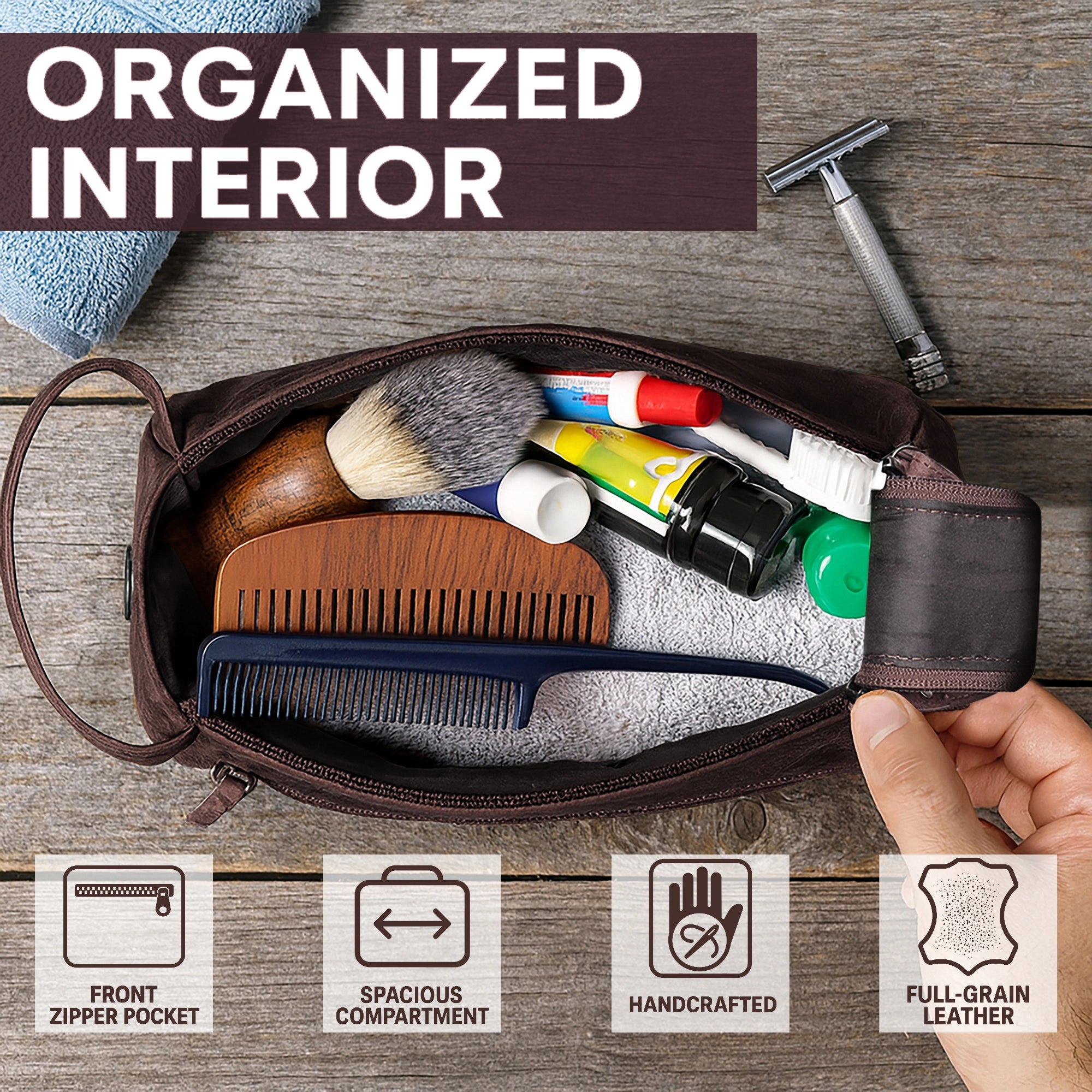 Leather Toiletry Bag for Men (Walnut Brown)
