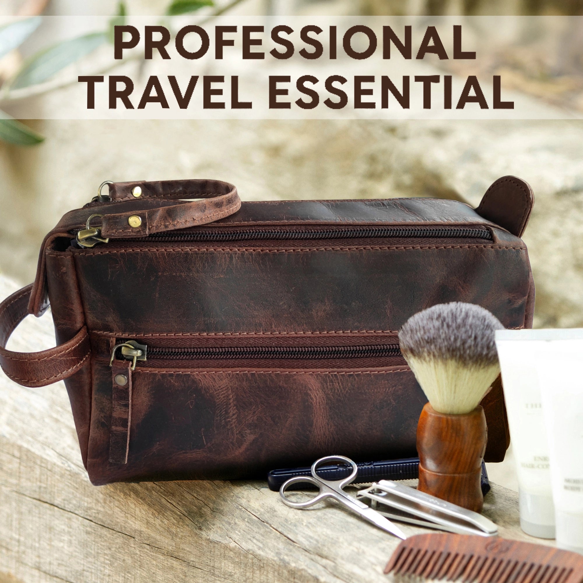 Leather Toiletry Bag for Men (Walnut Brown)