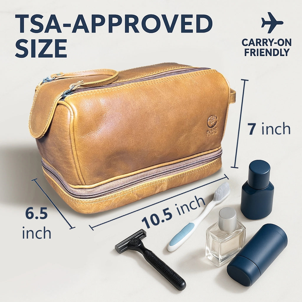 Sam's Stylish Leather Toiletry Bag Travel Dopp Kit (Cognac)