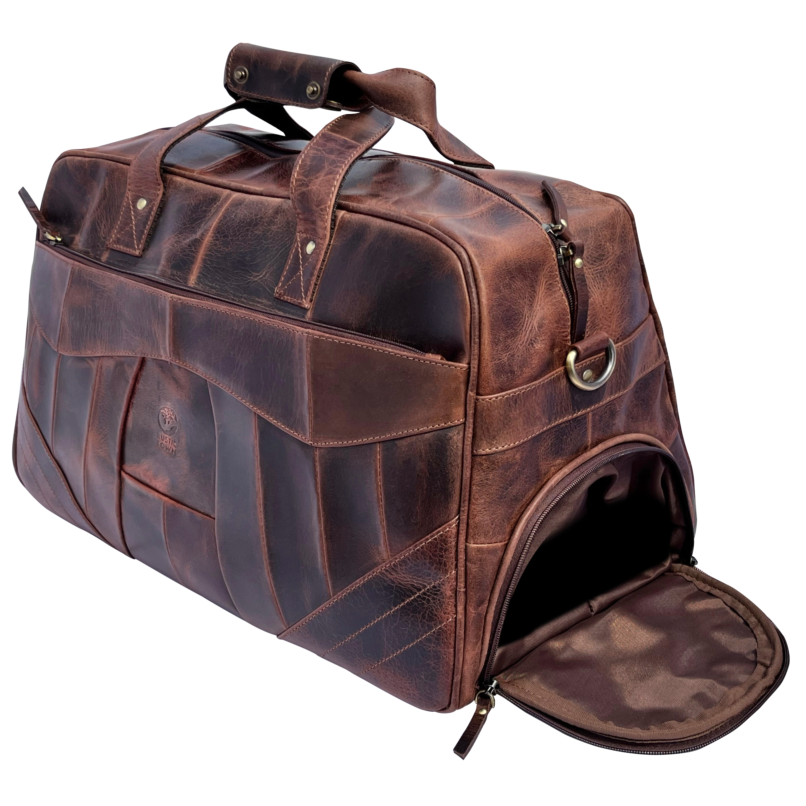 John Leather Travel Duffle Bag with Shoe Pocket, Walnut Brown