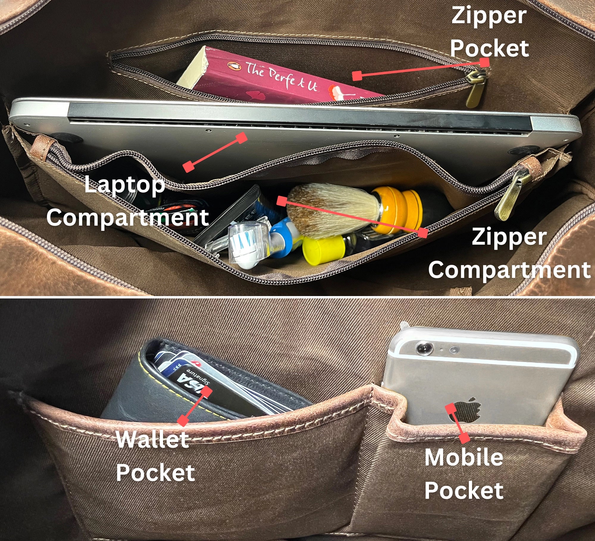 John Leather Travel Duffle Bag with Shoe Pocket, Walnut Brown