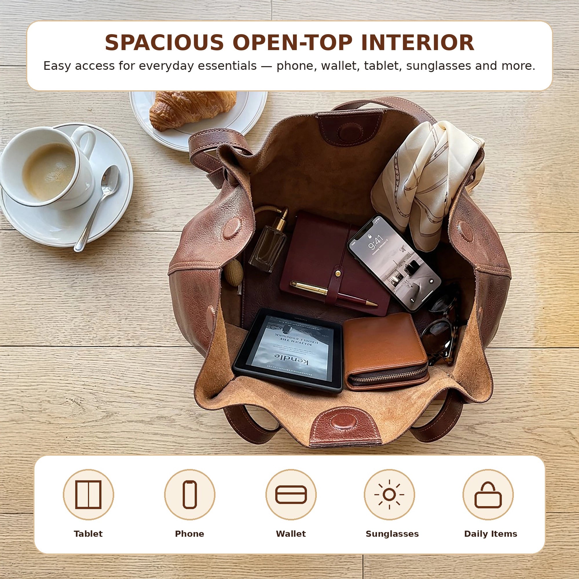 Full-Grain Leather Tote Bag for Women - Slouchy Shoulder Handbag