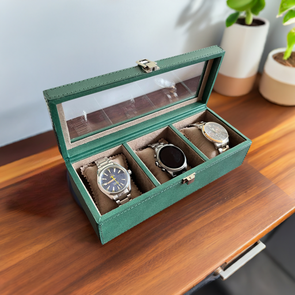 Elite Leather Watch Case - 3 Slots (Green)