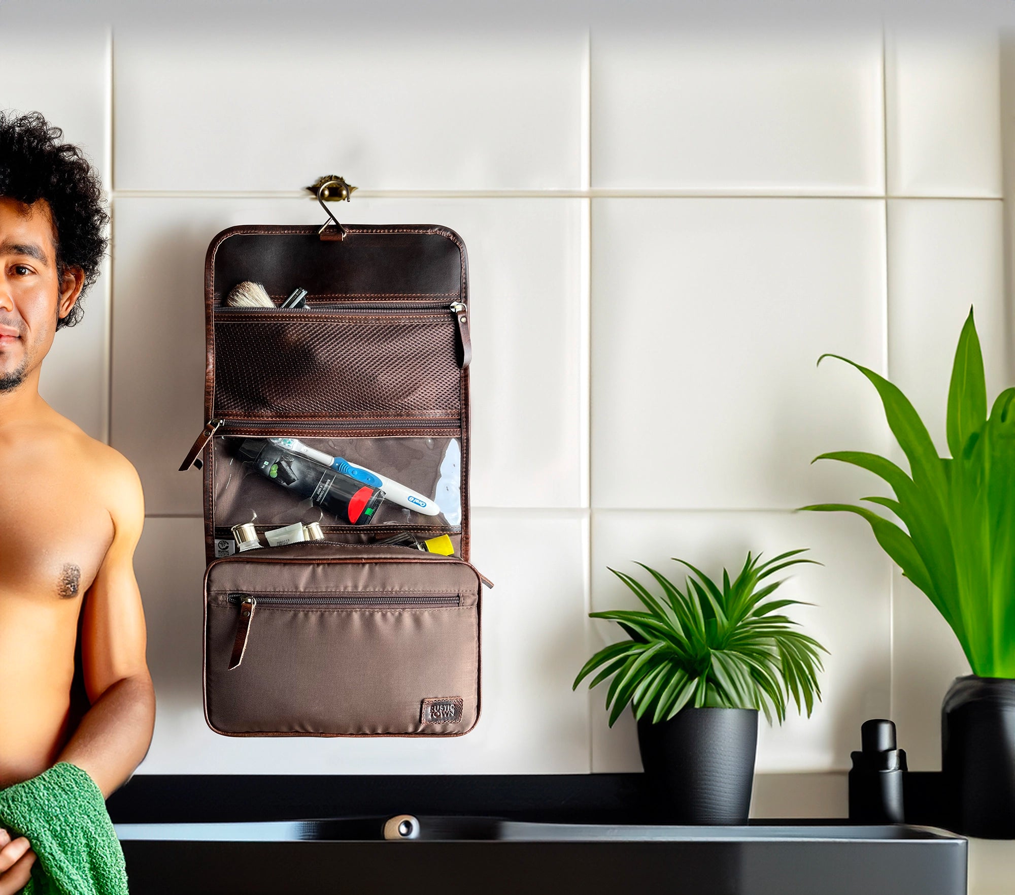 Leather Hanging Toiletry Bag for Men & Women