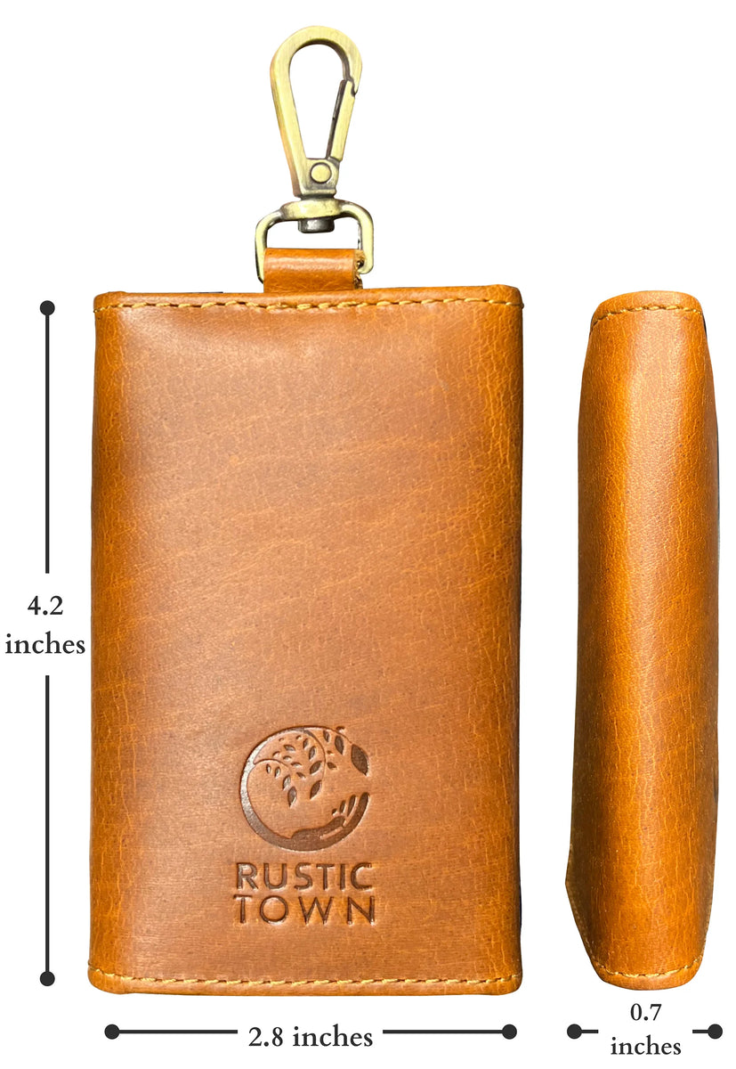 Leather Key Pouch Wallet Slim Keychain with 6 Key Holder Rustic Town