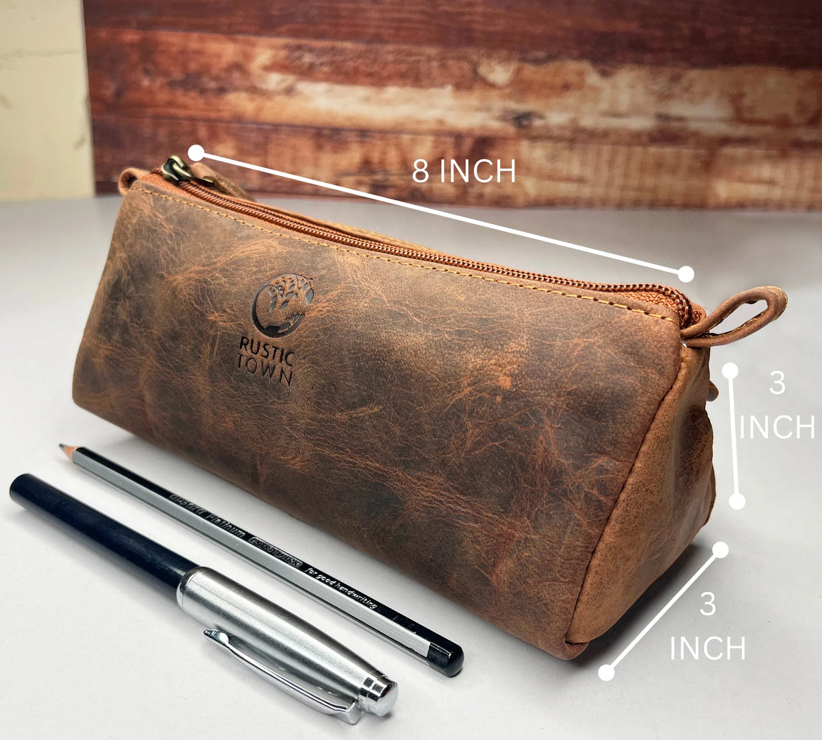 Leather Pencil Case - Handcrafted Premium Zippered Pen Pouch (Walnut B –  Rustic Town