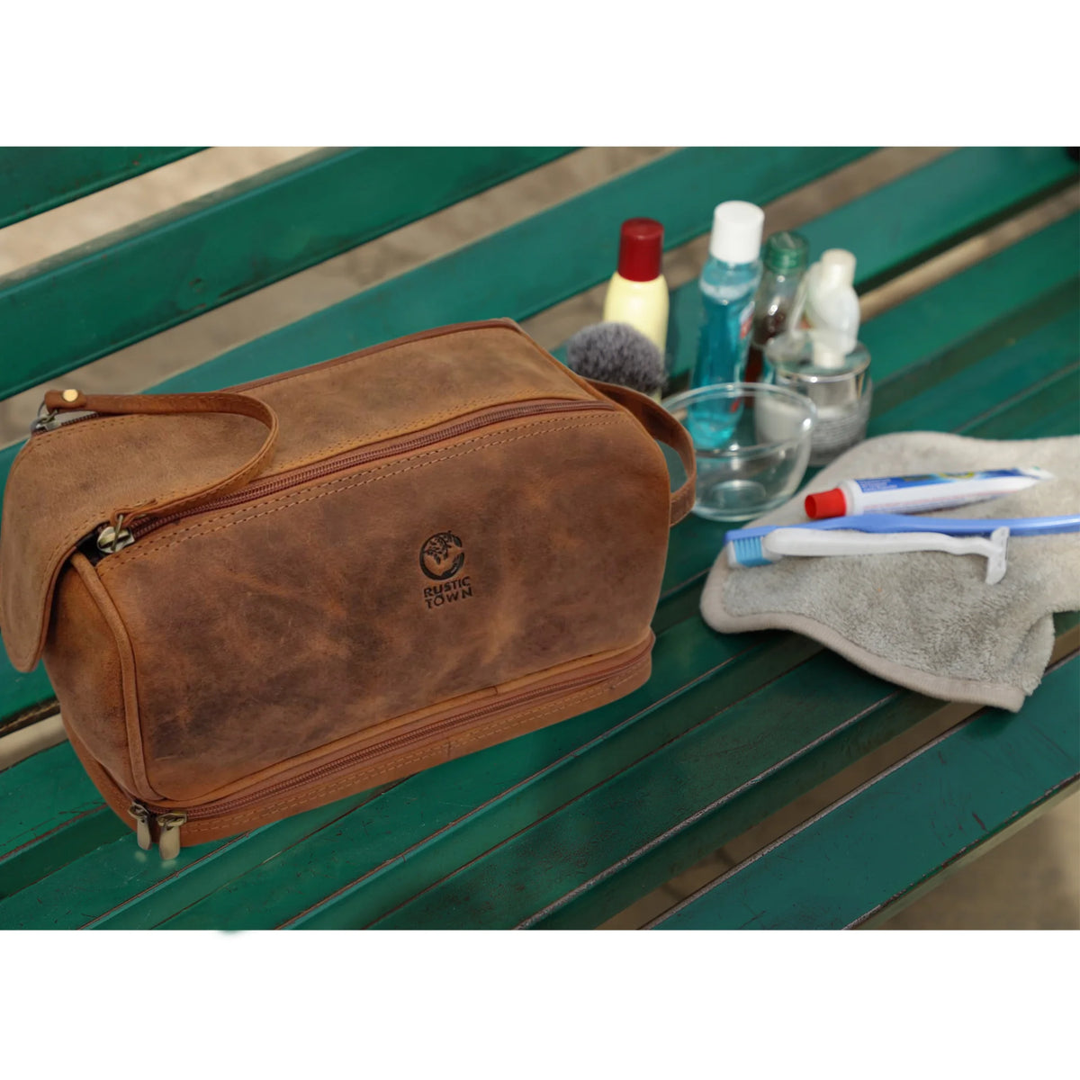 Main Street Forge Leather Toiletry Bag for Men | Dopp Kit / Travel Pack Tobacco Snakebite